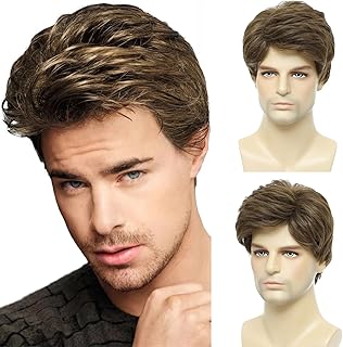 Mens Brown Wig, Short Men Wigs Natural Fluffy Cosplay Costume Synthetic Mens Wig for Male Guy Halloween