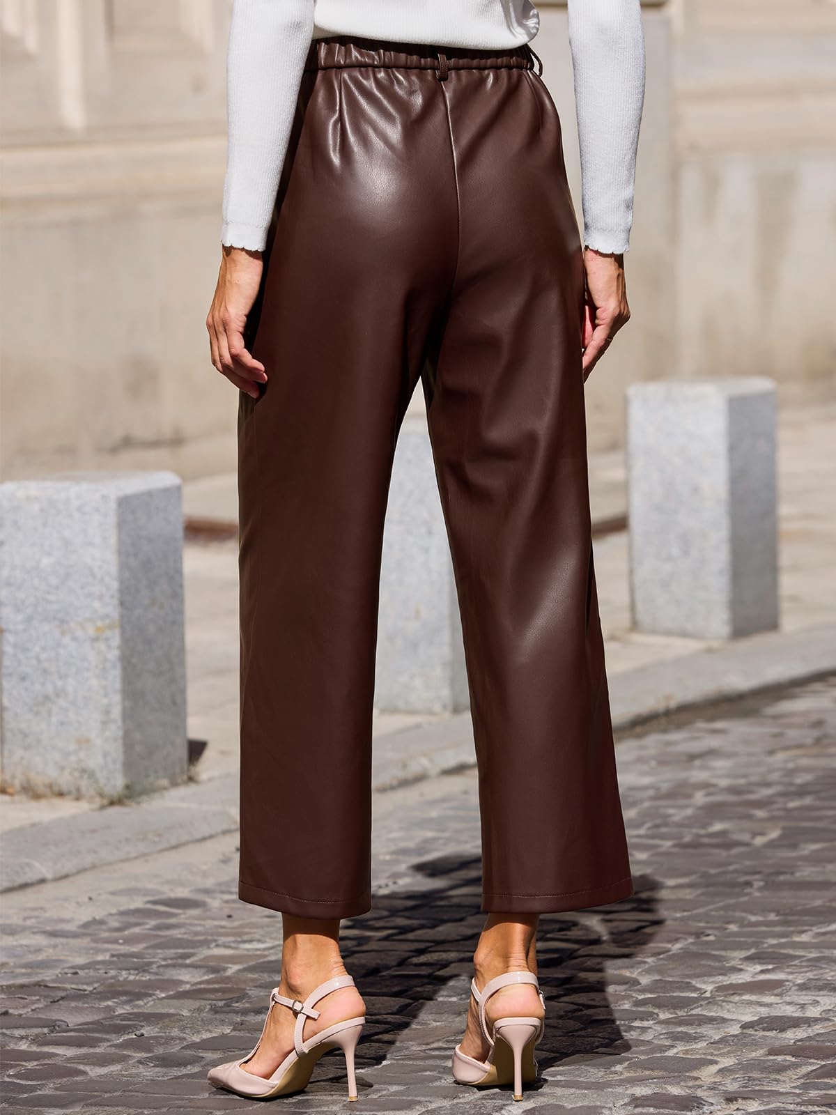 CUPSHE Pantalon court en similicuir pour femme - Taille haute - Jambe large - Avec poches