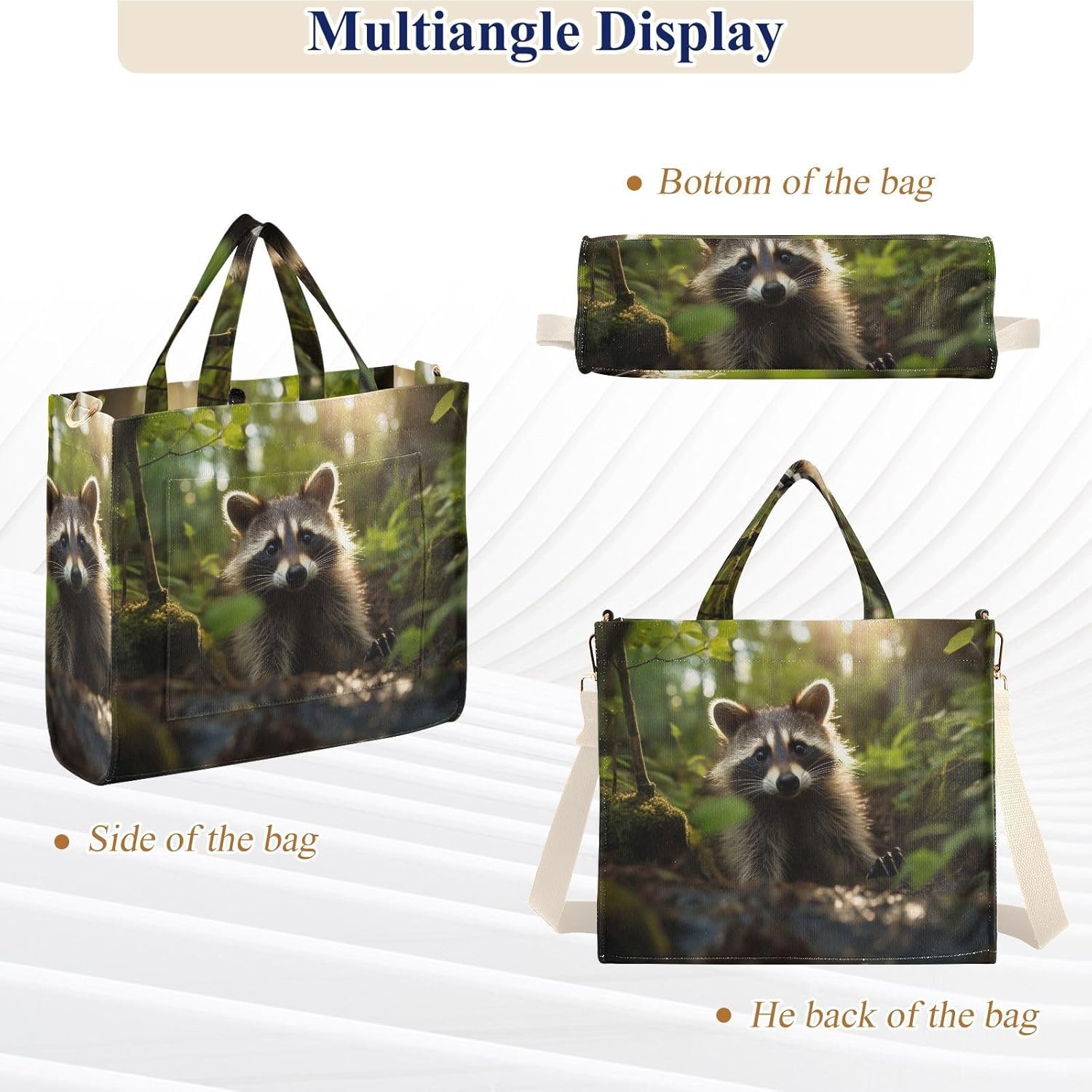 Vnurnrn Corduroy Tote Bag for Women - Little Raccoon, Handbag Purse with Detachable Strap