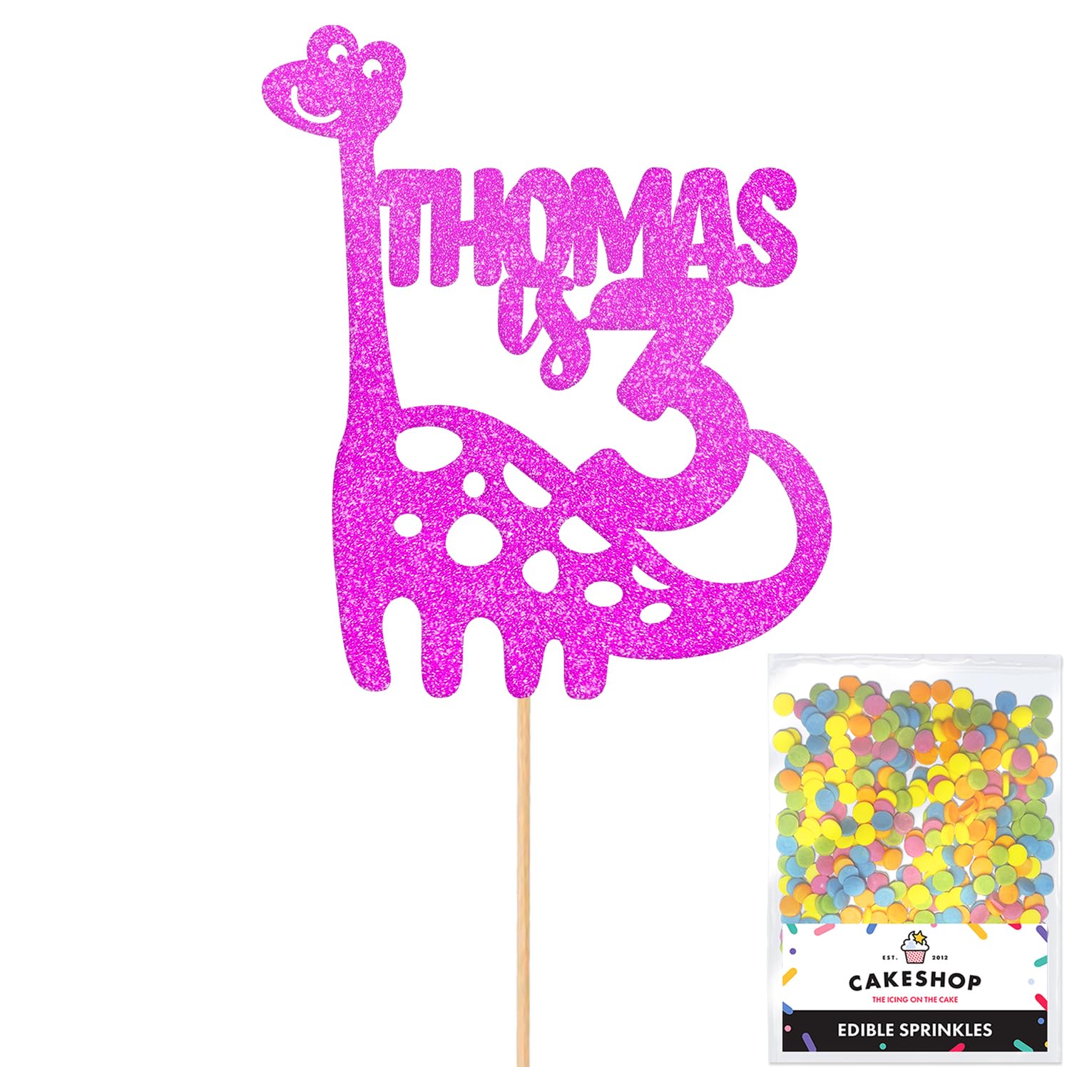 Personalised Birthday Dinosaur Glitter Cake Topper- Pink Any Name & Age Glitter Cake Decoration and Sprinkles - Happy Birthday Decorations - Personalised Toppers for Cakes by Cakeshop