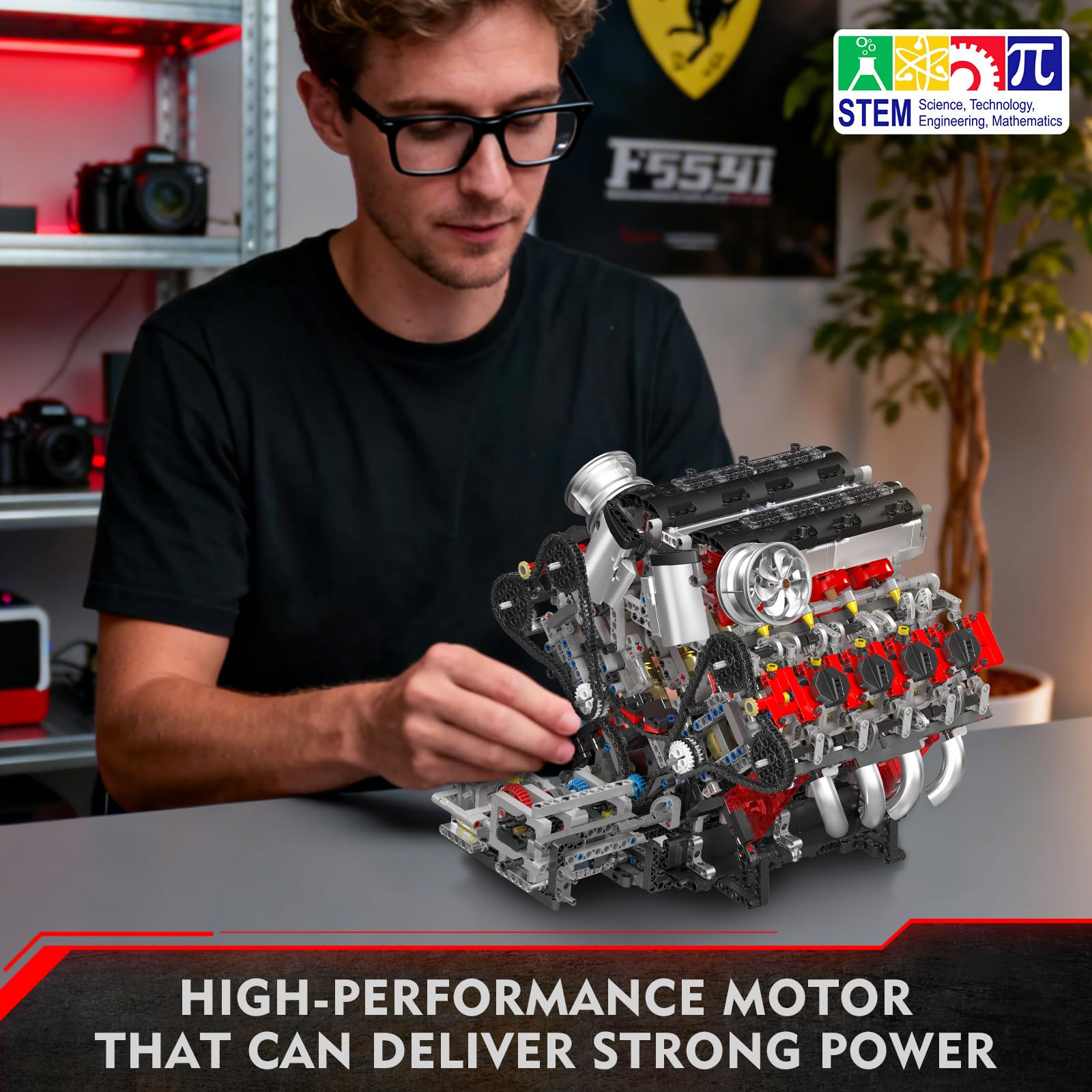 Mould King 10130 F488 Supercar V8-Motor, MOC-Spielzeugbausätze mit Motoren, Hochleistungsmotorenserie für Fahrzeugfans (2718+ Teile)