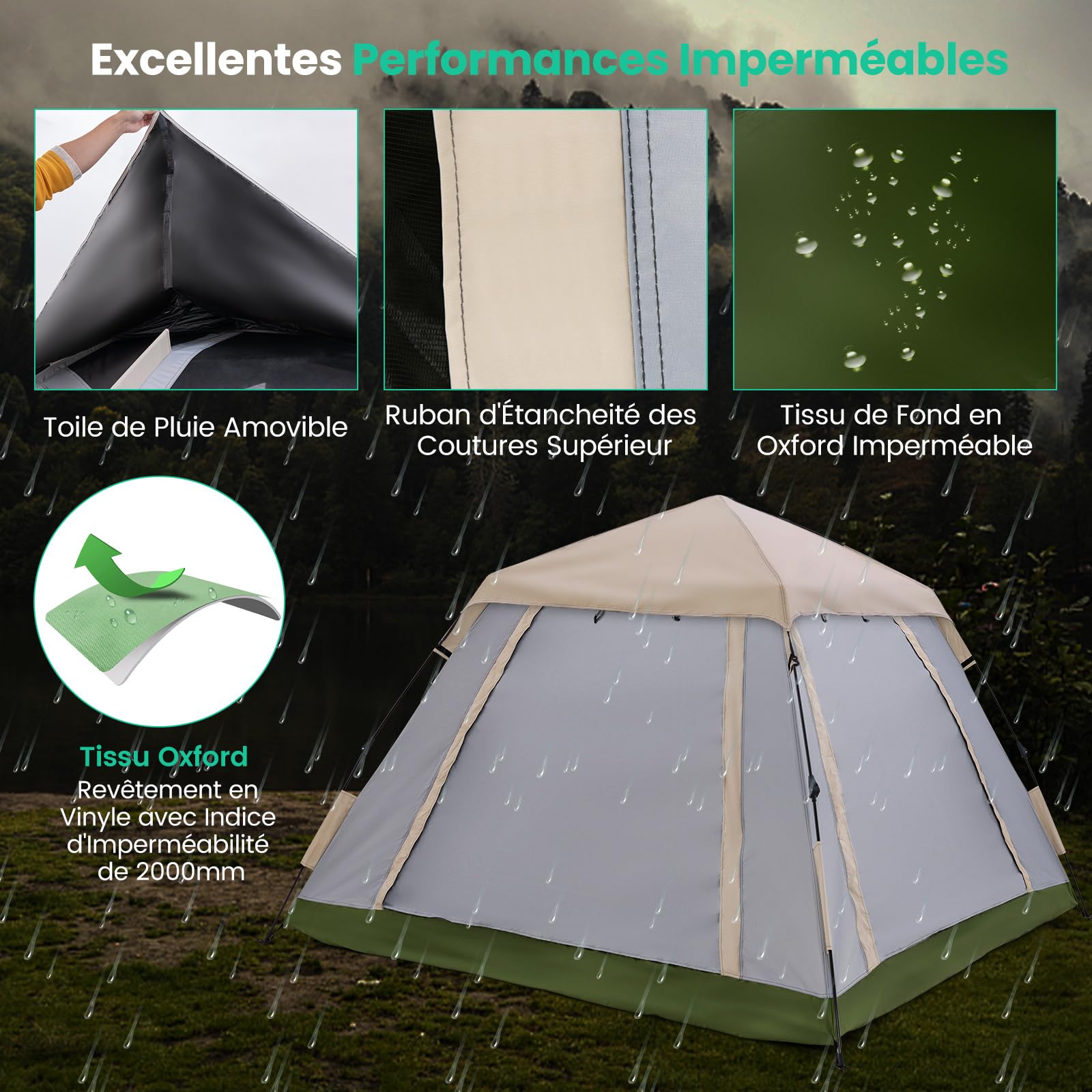 COSTWAY Tente de Camping Instantanée 2-4 Personnes, Tente Pop-up avec Auvent Amovible 2 Fenêtres en Maille 2 Portes Zippées Sac de Transport, Imperméable et Portable pour Camping Randonnée