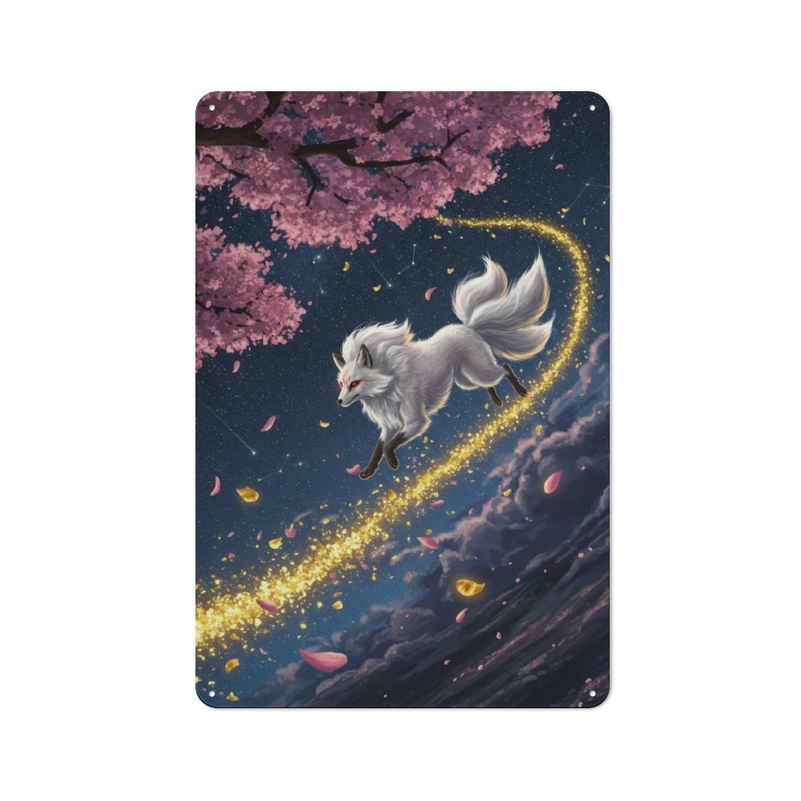 Junmoney Nine-Tailed Fox In Starry Night Retro Tin Sign 30X20cm For Garage Or Workshop, For Furnishing A New Garage And Workshop With Retro Decor