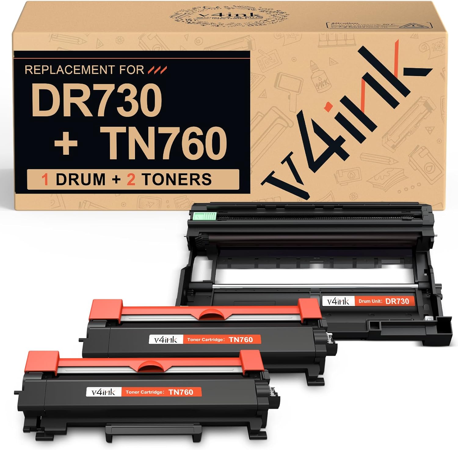 v4ink Compatible DR730 Drum and TN760 Toner Cartridge Set Replacement for Brother DR730 TN760 TN730 (1 Drum+ 2 Toner) for Brother HL L2350DW L2370DW L2390DW MFC L2690DW L2710DW L2717DW L2750DW Printer