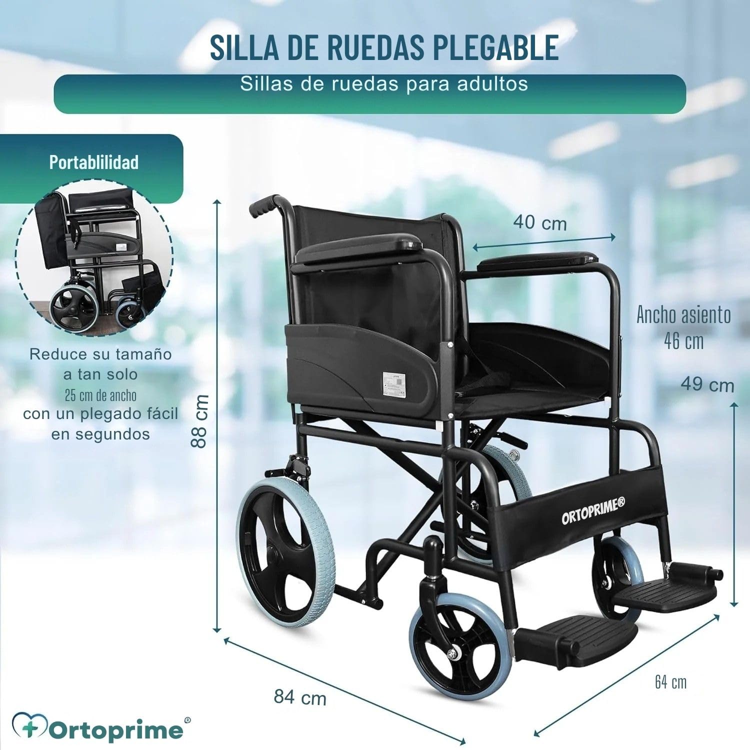 OrtoPrime Silla de Ruedas PLEGABLE Ligera - Sillas de Ruedas para Adultos Wheelchair - Silla Ruedas Plegable LIGERA - Silla Ortopédica para personas Mayores - Silla ruedas ancianos - Marca Española