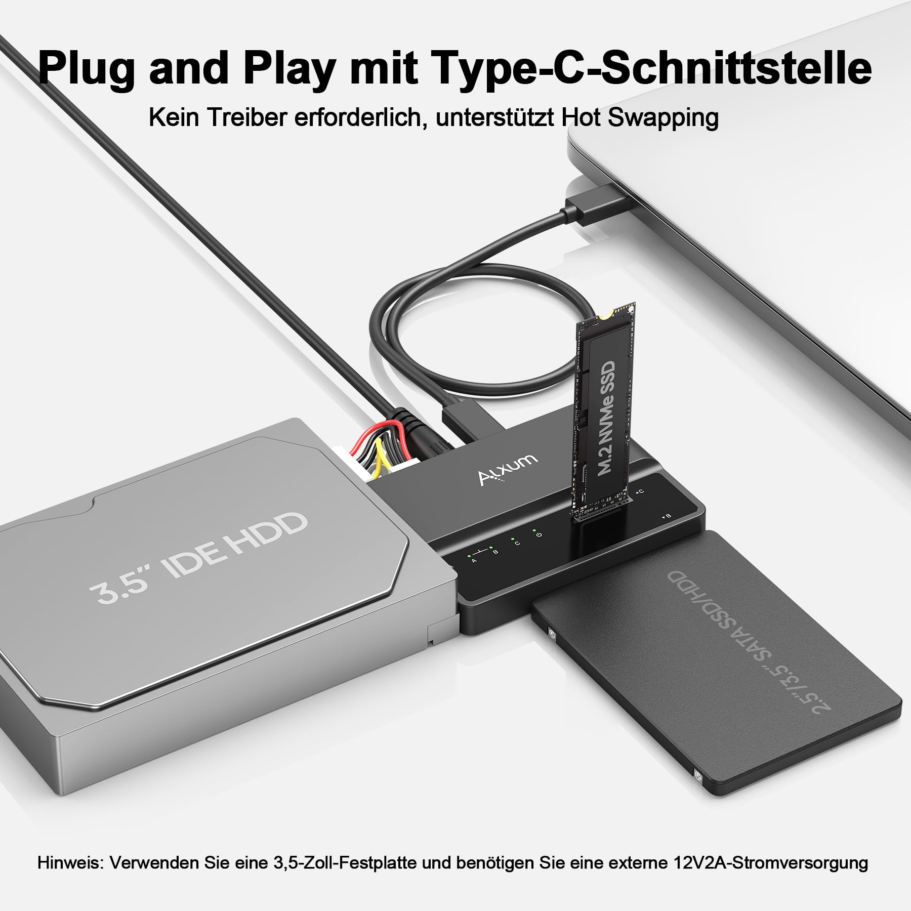 Alxum IDE SATA USB Adapter, USB 3.0 Festplatten Adapter mit Netzschalter für 2.5/3.5 Zoll SATA HDD & SSD M Key Festplatten Dockingstation, mit 12V/2A Netzteil und USB C Kabel