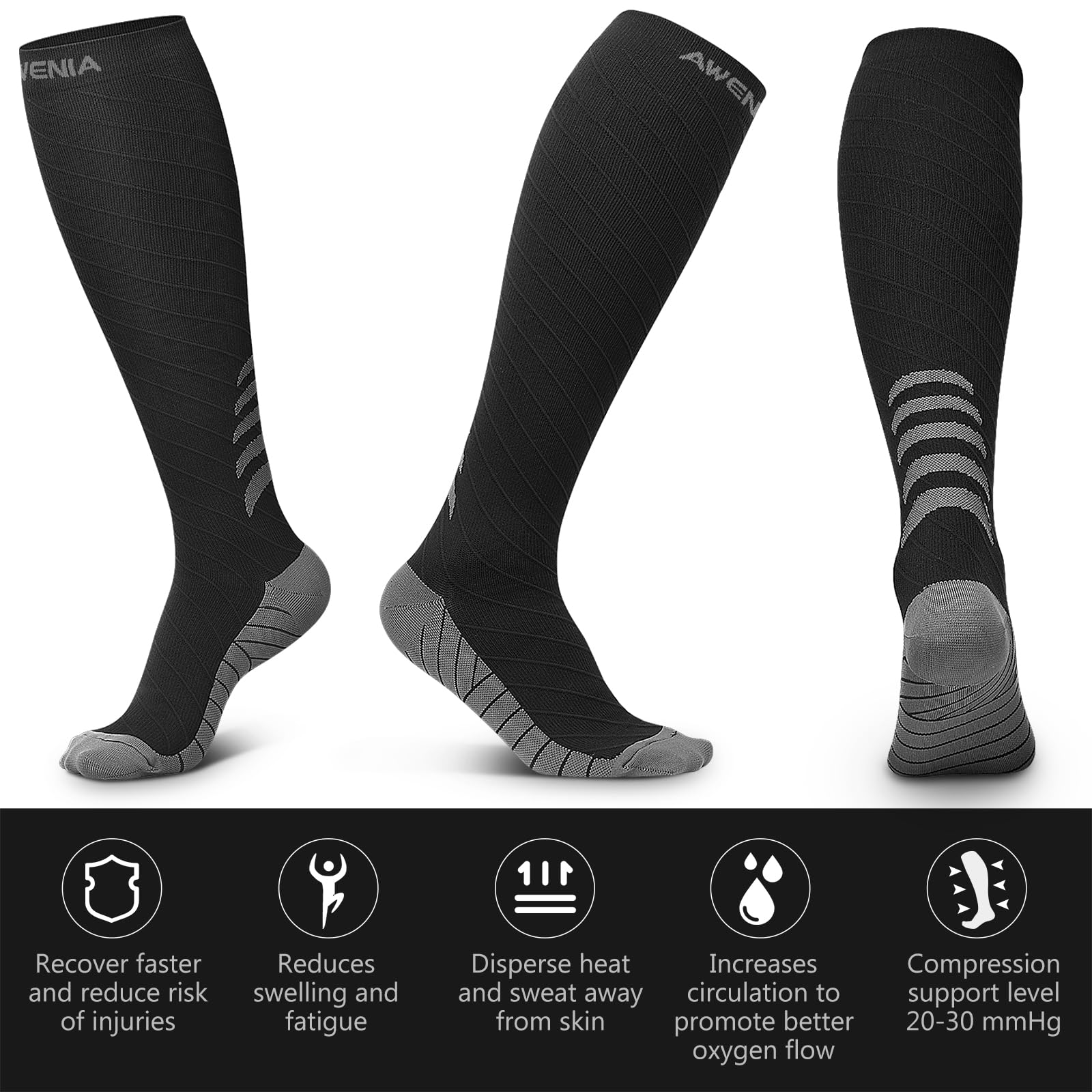 Awenia Chaussettes de Contention, Chaussettes de Compression Sport pour Homme et Femme, Circulation, 20-30mmHg, Bleu