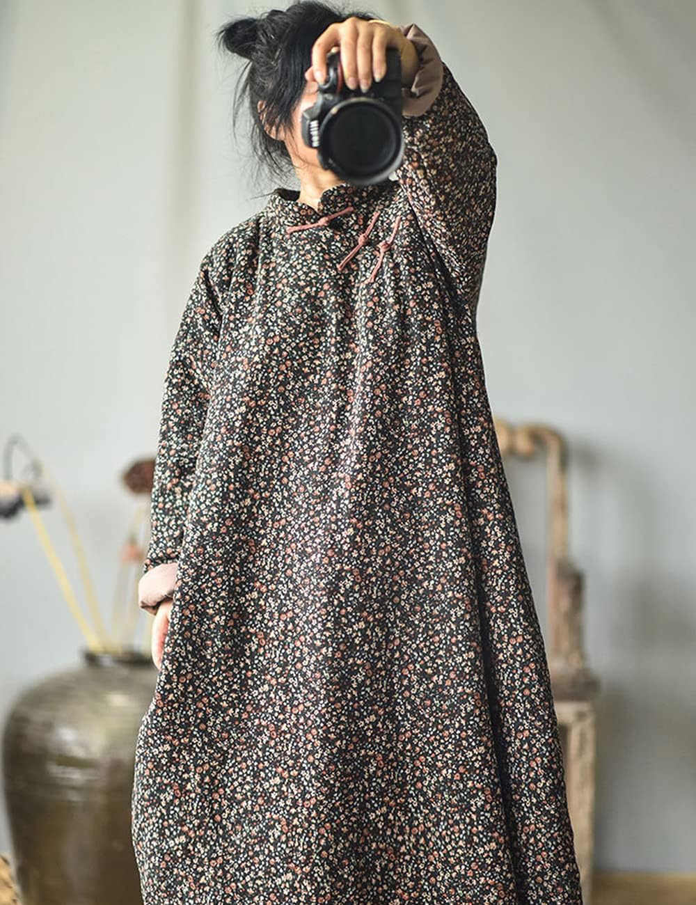 NFYM Women Autumn Winter Warm Padded Floral Outwear Long Cotton Linen Vintage Chinese Style Robe Coat - Image 3