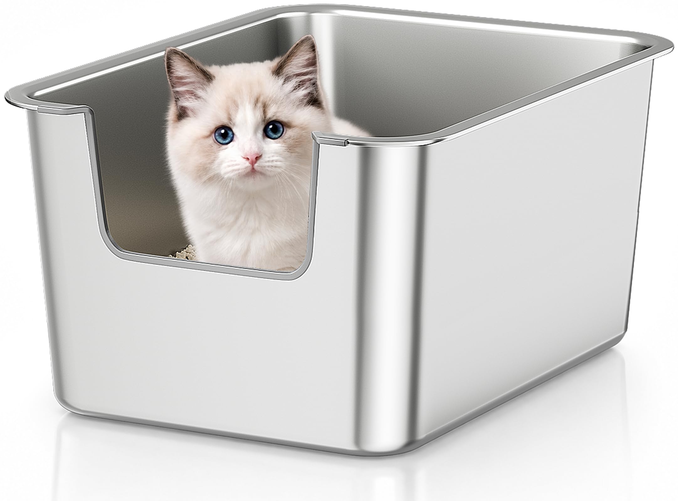 Stainless Steel Cat Litter Tray, High-Sided Metal Cat Litter Box