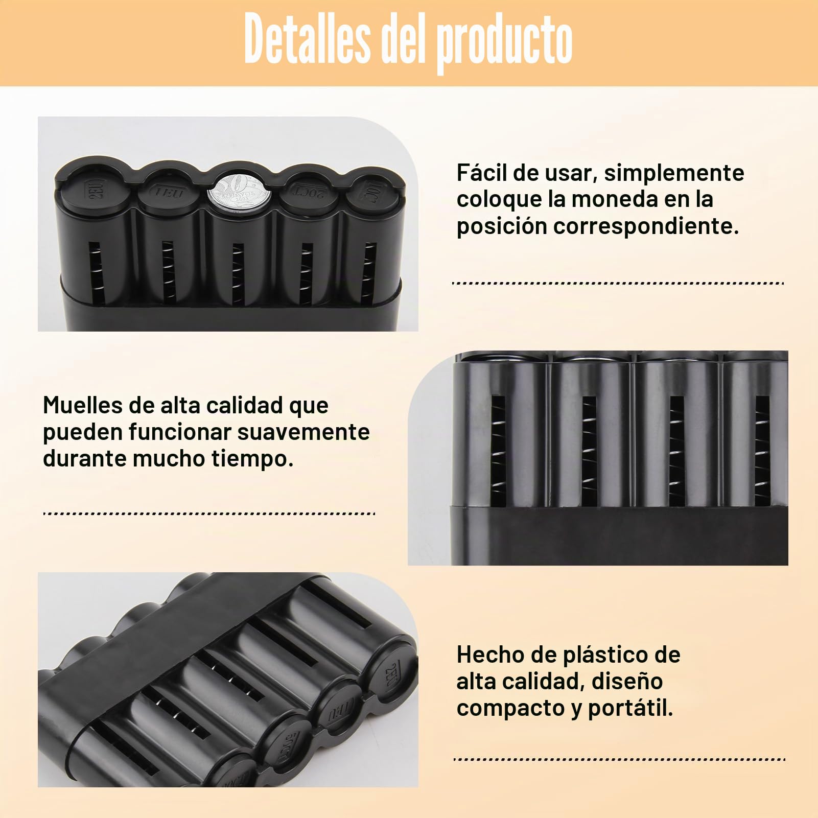 Clasificador Monedas, Portamonedas con 5 Compartimentos para Monedas de 2€, 1€, 50c, 20c y 10c, Diseño de Plástico Negro