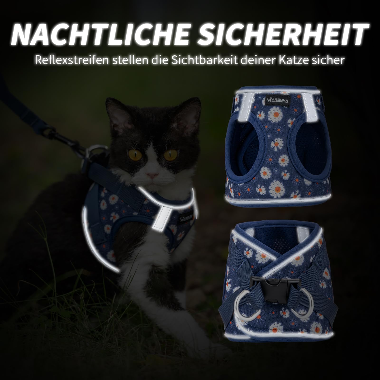 Arblina Katzengeschirr, Weich & Atmungsaktives Katzengeschirr-Set mit Reflex, Leichtes Katzengeschirr Ausbruchsicher mit 1,5m KatzenLeine, Blau S