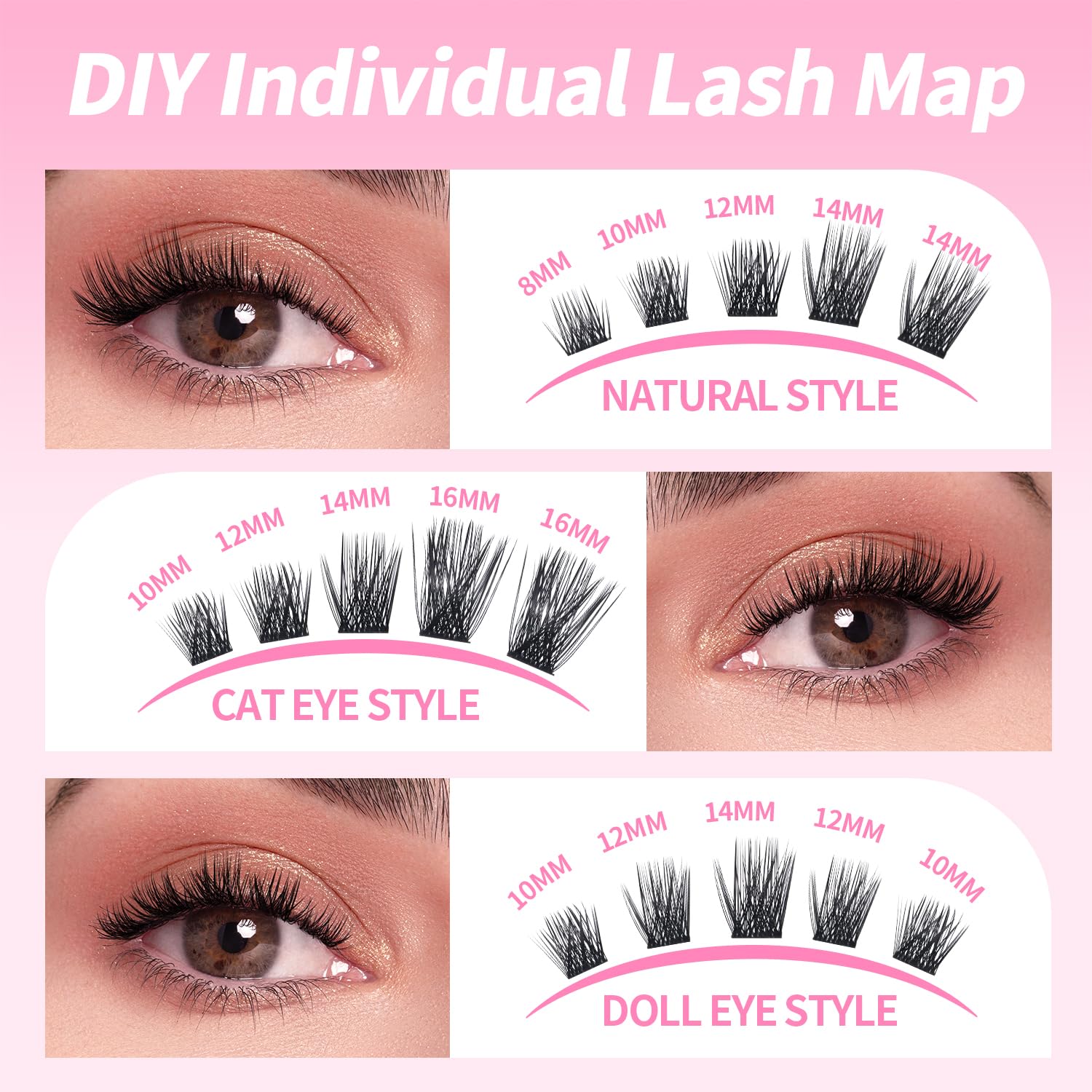Ciglia Finte Ciuffetti Kit Extension Ciglia Lash Clusters con Bond e Rimuoviciglia 8-16mm,DIY Eyelash Extension Kit (DM-FD32)