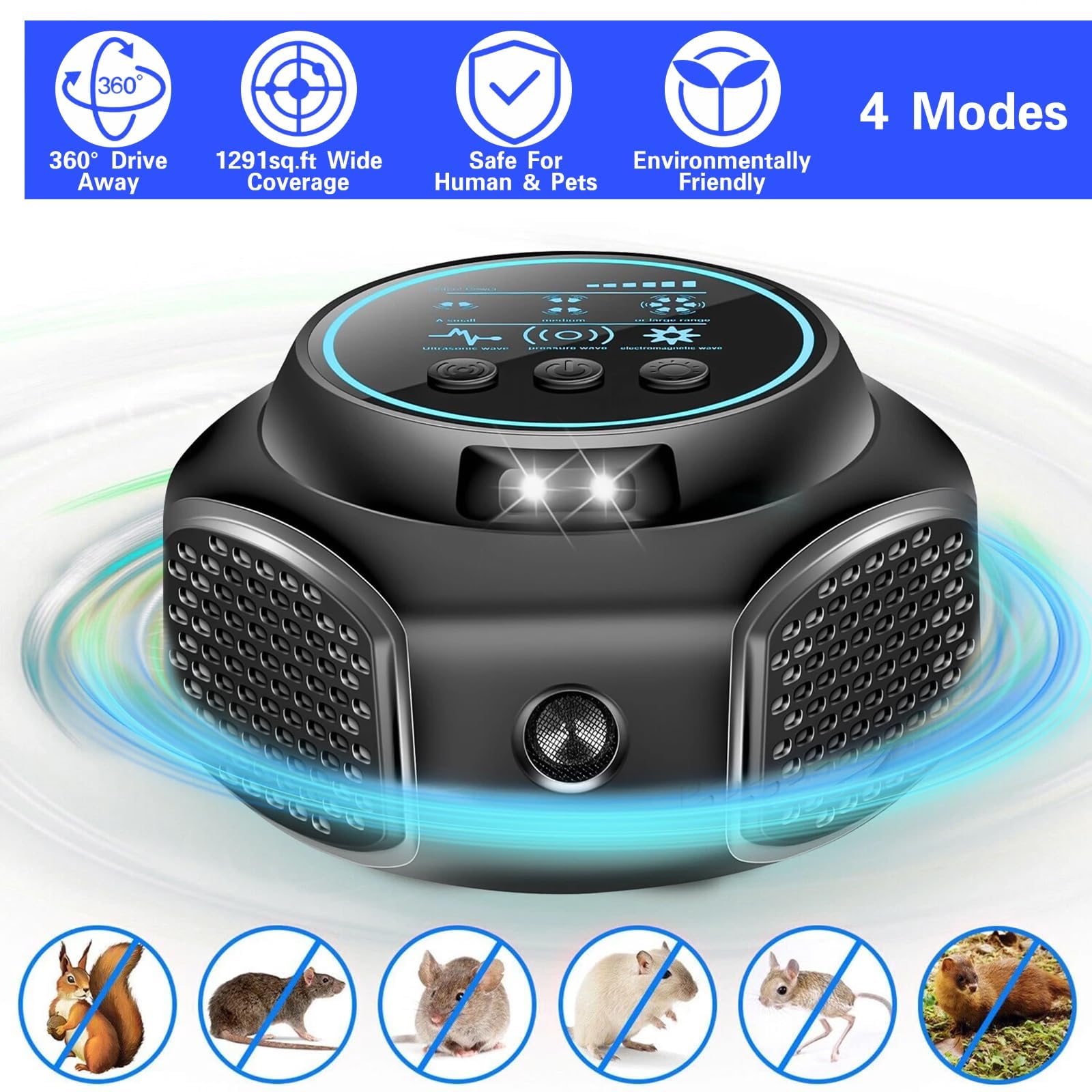 Ultrason Souris et Rats, Ultrasons Anti Rongeurs avec Éclairage LED pour Usage Domestique, Répulsif Rongeur pour Repousser Les Rats, Les Fourmis et Les Insectes