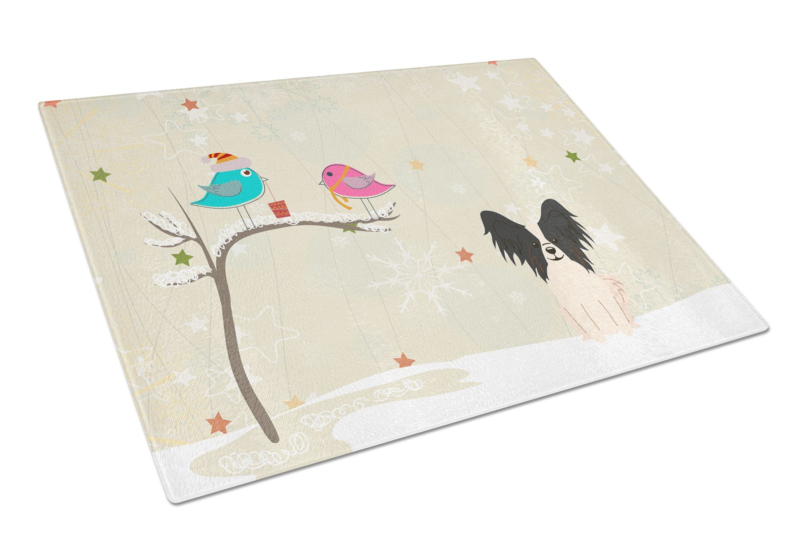 Caroline's Treasures BB2548LCB Christmas Presents Between Friends Papillion Black White Glass Cutting Board, Large, Multicolor