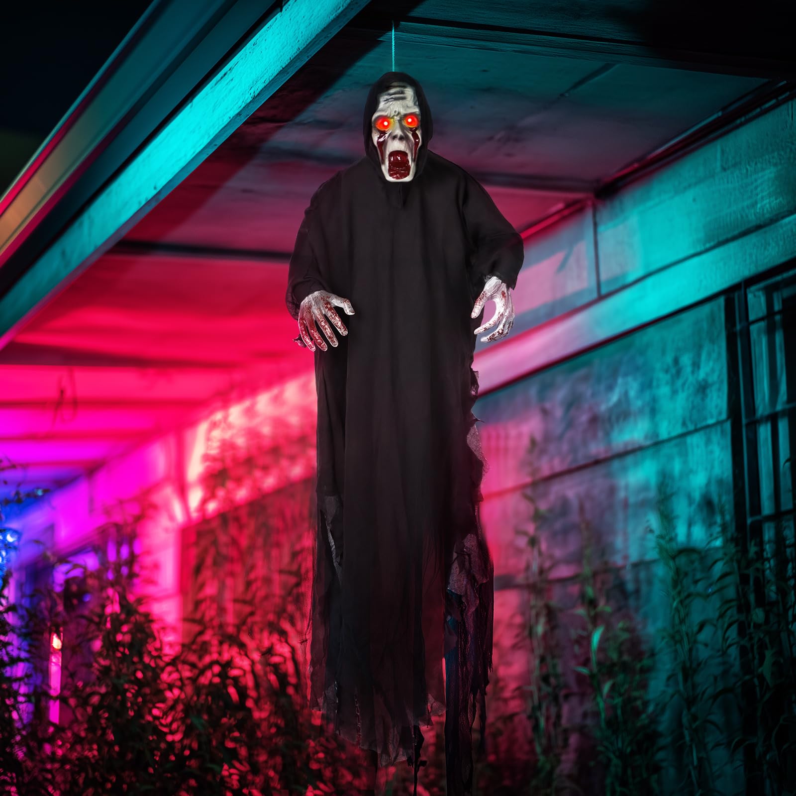 Natale Horror 2025 Decorazioni Halloween Fantasma da Appendere Scheletro con Occhio Rosso, Attivato dalla Voce Addobbi Casa Decorazioni Esterno Horror Giardino