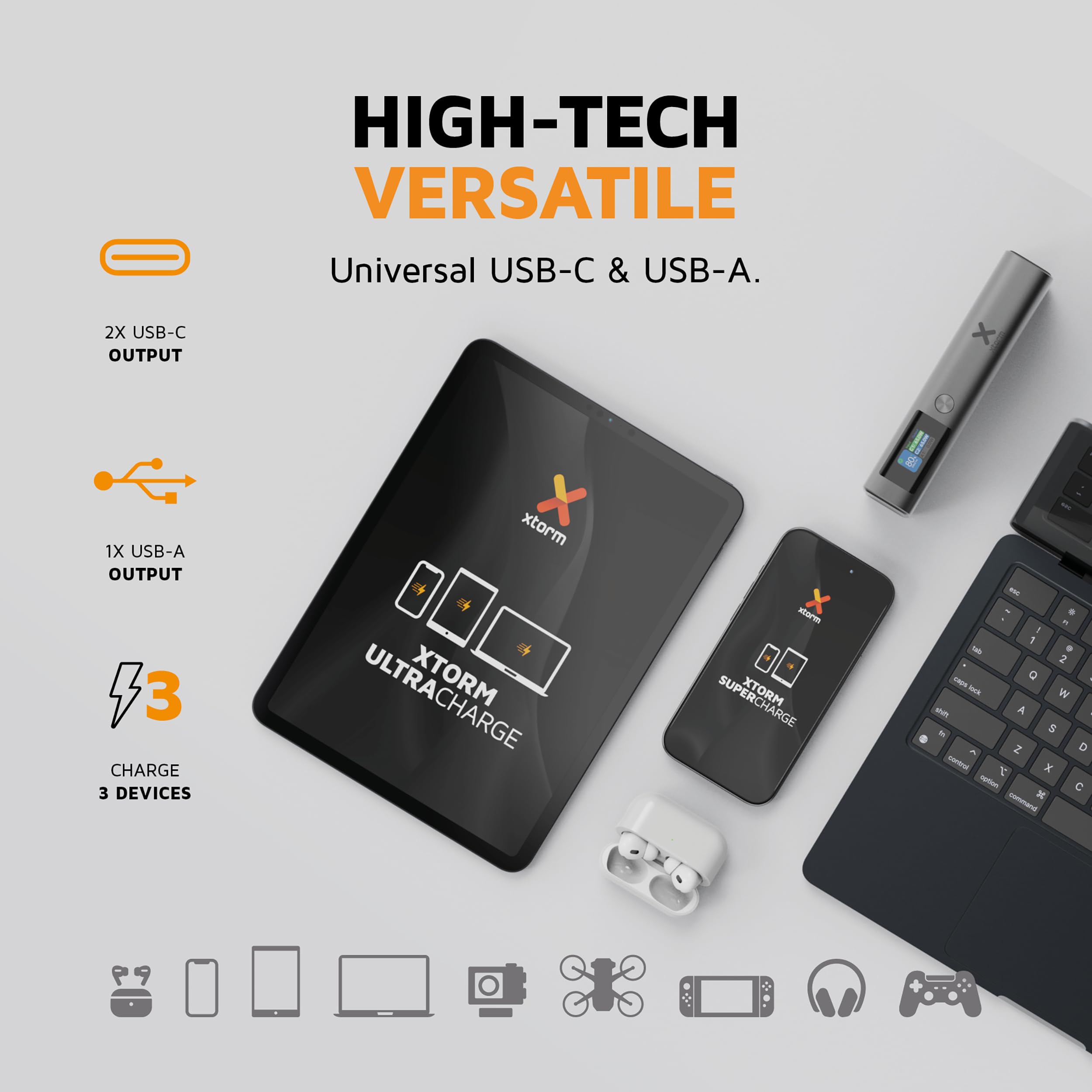 Xtorm Nova Powerbank 20 000 mAh, ultra cienki lekki zewnętrzny akumulator, 130 W USB-C, szybka ładowarka do laptopa, iPhone'a, Samsung Galaxy i Morza, Quick-Charge, 2 porty USB-C
