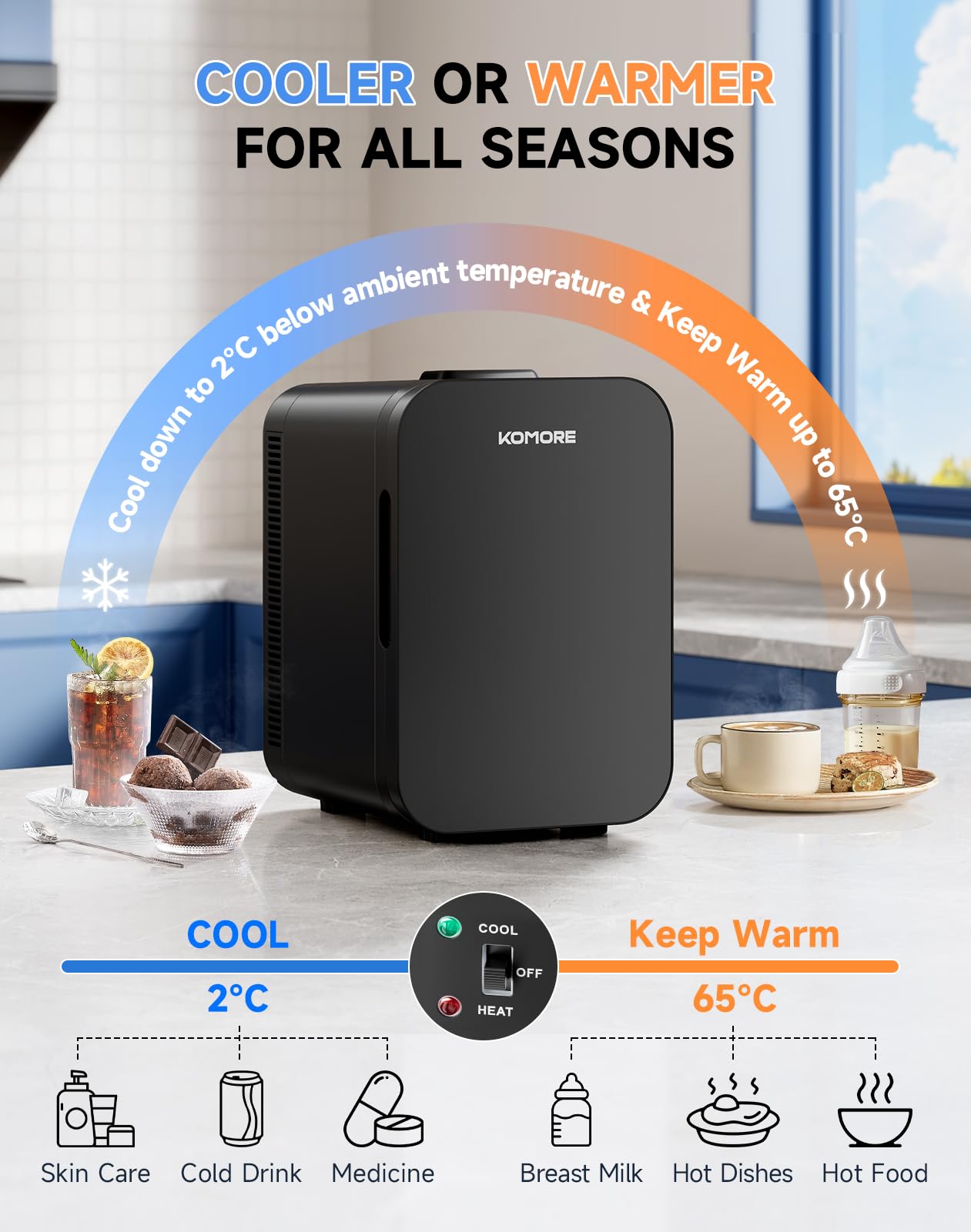 KOMORE Mini Fridge 18 Litre, 20 Cans Mini Fridge for Bedrooms with Handle, Portable Small Refrigerator, Cooler & Warmer for Drinks, Car, Travel, Cosmetics/Makeup/Skincare, AC+DC Power (Black) — view 3