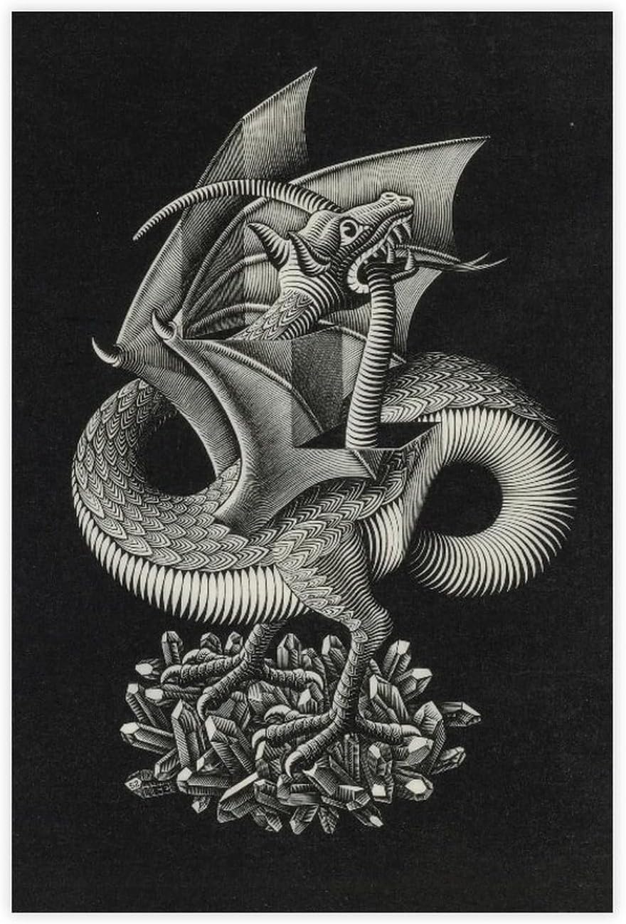 Waeta Rnvzx Famous M. C. Escher Posters Dragon Canvas Wall Art Black and White Painting M. C. Escher Print For Modern Home Decor Picture 50x70cm No Frame