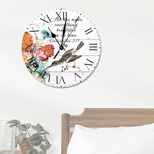 Miniatura 144 de ArogGeld He Made Everything Beautiful - Reloj de pared de PVC con flores rosadas, colibrí, reloj de pared grande con cita y números romanos, reloj