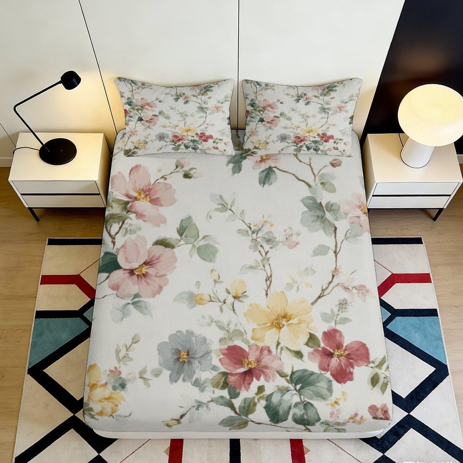3D Printed Floral Botanical Fitted Sheet Microfiber Soft Breathable Pastel Blossom Bed Cover for Bedroom Guest Room Decor 90x200x25cm