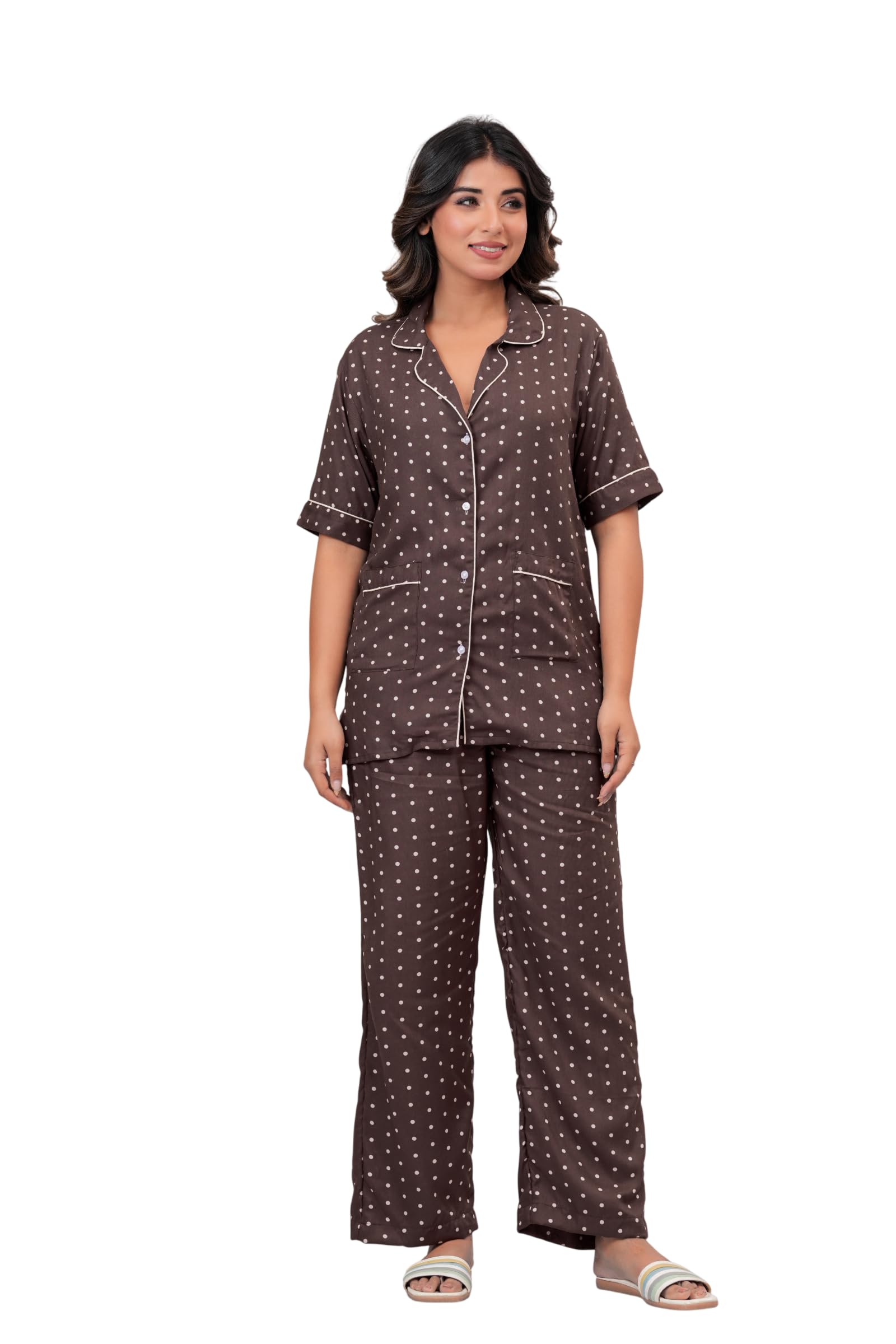 Women's Polka Dot Print Rayon Brown Comfort/Sleepwear Classic Notch-Collar Pajama Set with Button-Down Shirt & Straight Pajamas Night Suit-image-45