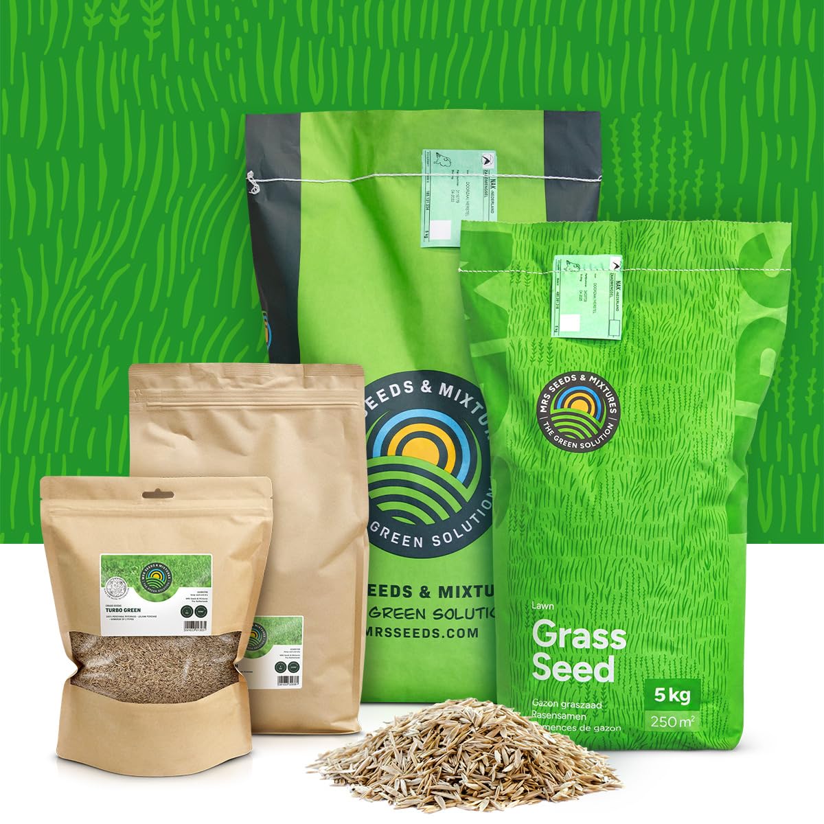 Turbo Green Rasensamen | 15 kg - 750m2 | Nachsaat | Schnellkeimende Grassamen | Premium Qualität Sport- und Spielrasen | Rasen nähen und nachsäen | Repariert kahle Stellen im Rasen | MRS Seeds