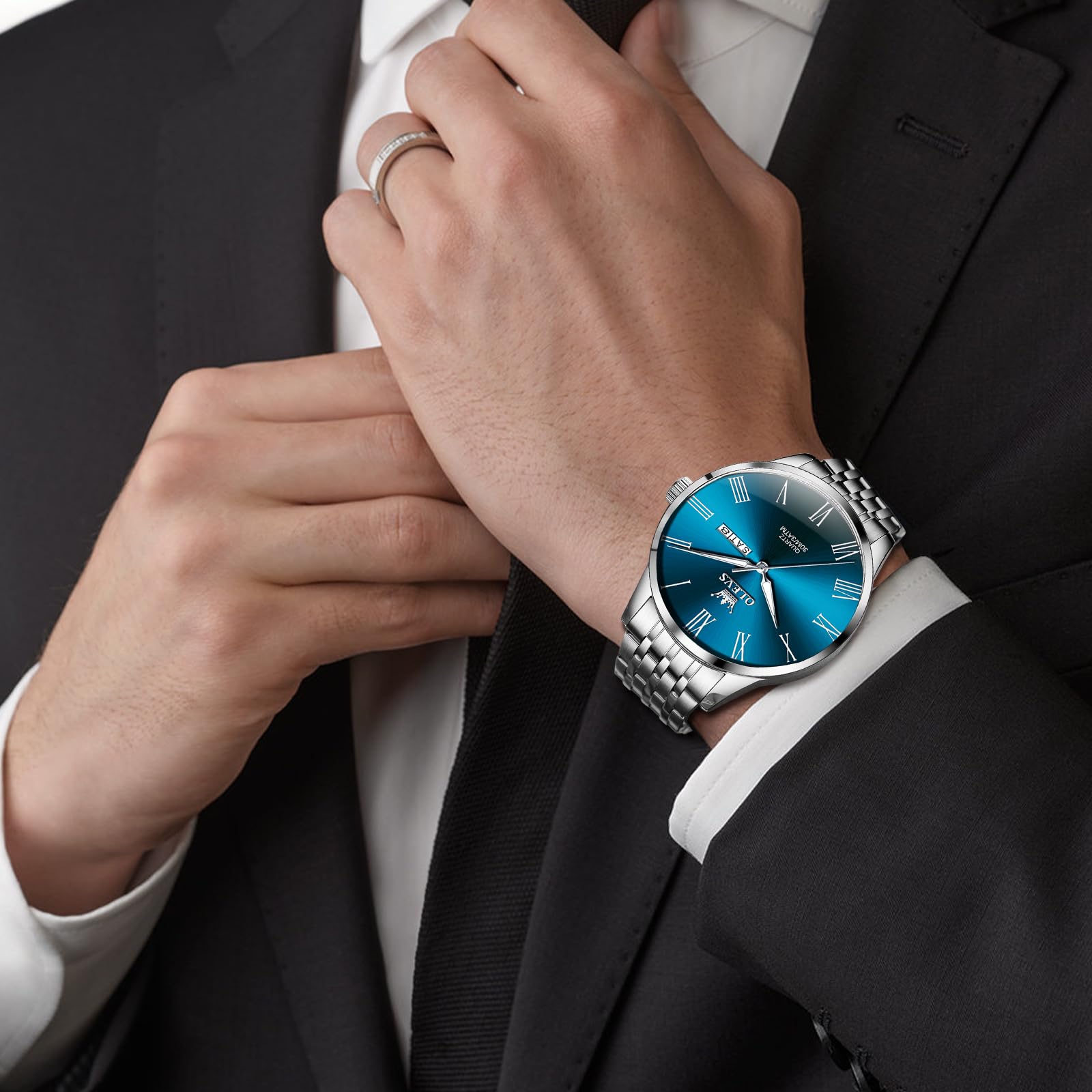 OLEVS Uhr Herren, Silber Analoger Quarz Edelstahl Wasserdicht Herrenuhren, Klassisches Großgesicht Herren Kleid Uhr, Minimalismus Leuchtend Tag Datum Herrenuhren