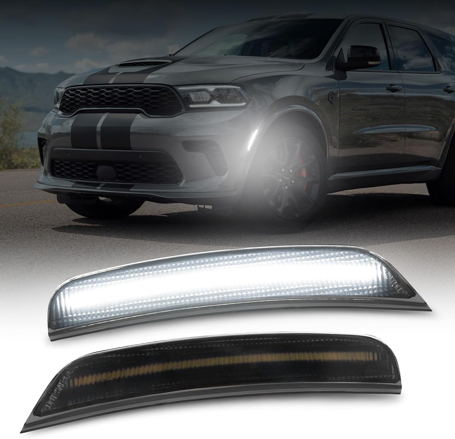 AUTOONE Upgraded LED Side Marker Lights Compatible With Dodge Durango 2021-2025, White Front Bumper Marker Lamps, Smoked Lens Driver & Passenger Side, 2PCS