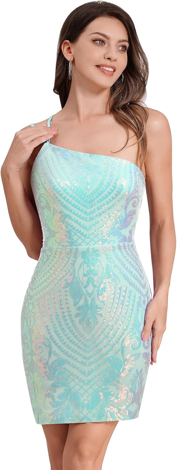 ODIZLI Sequin Dress for Women Short Prom Dresses One Shoulder Evening Party Dress with Slit