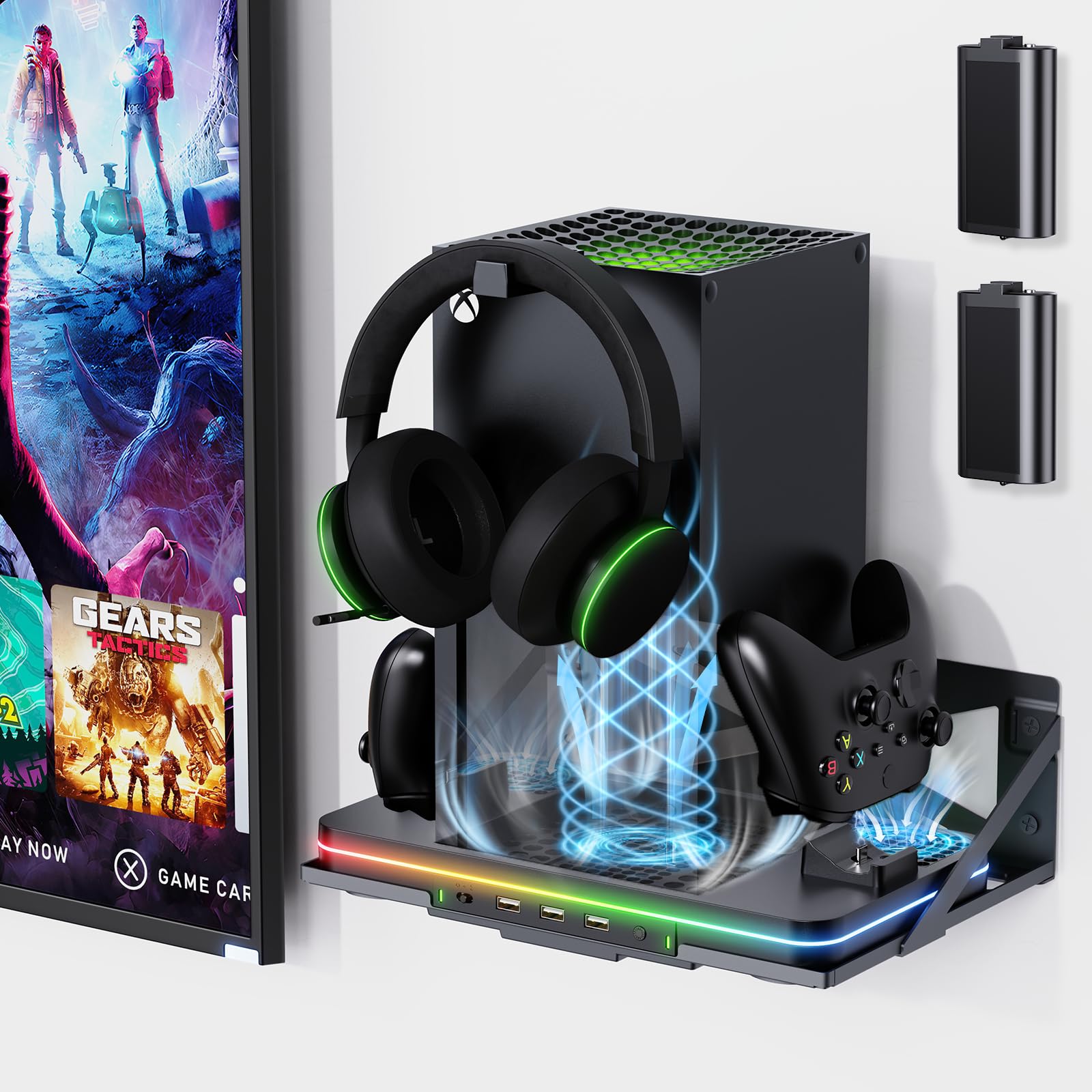 Soporte de pared con ventilador de refrigeración para Xbox Series X/S, estación de carga vertical de doble controlador con 2 baterías recargables de 1100 mAh para accesorios de consola Xbox, 3 puertos