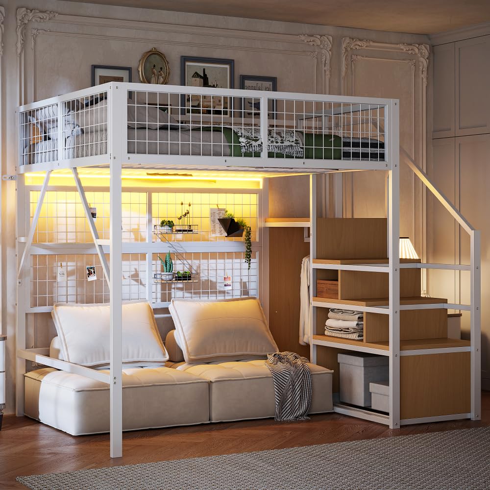 I0I&I0I Cama de metal de hierro para niños y jóvenes con tiras de luz LED, escalera con espacio de almacenamiento, armario abierto, color negro, versátil 193 (blanco + metal + 140 cm x 200 cm)