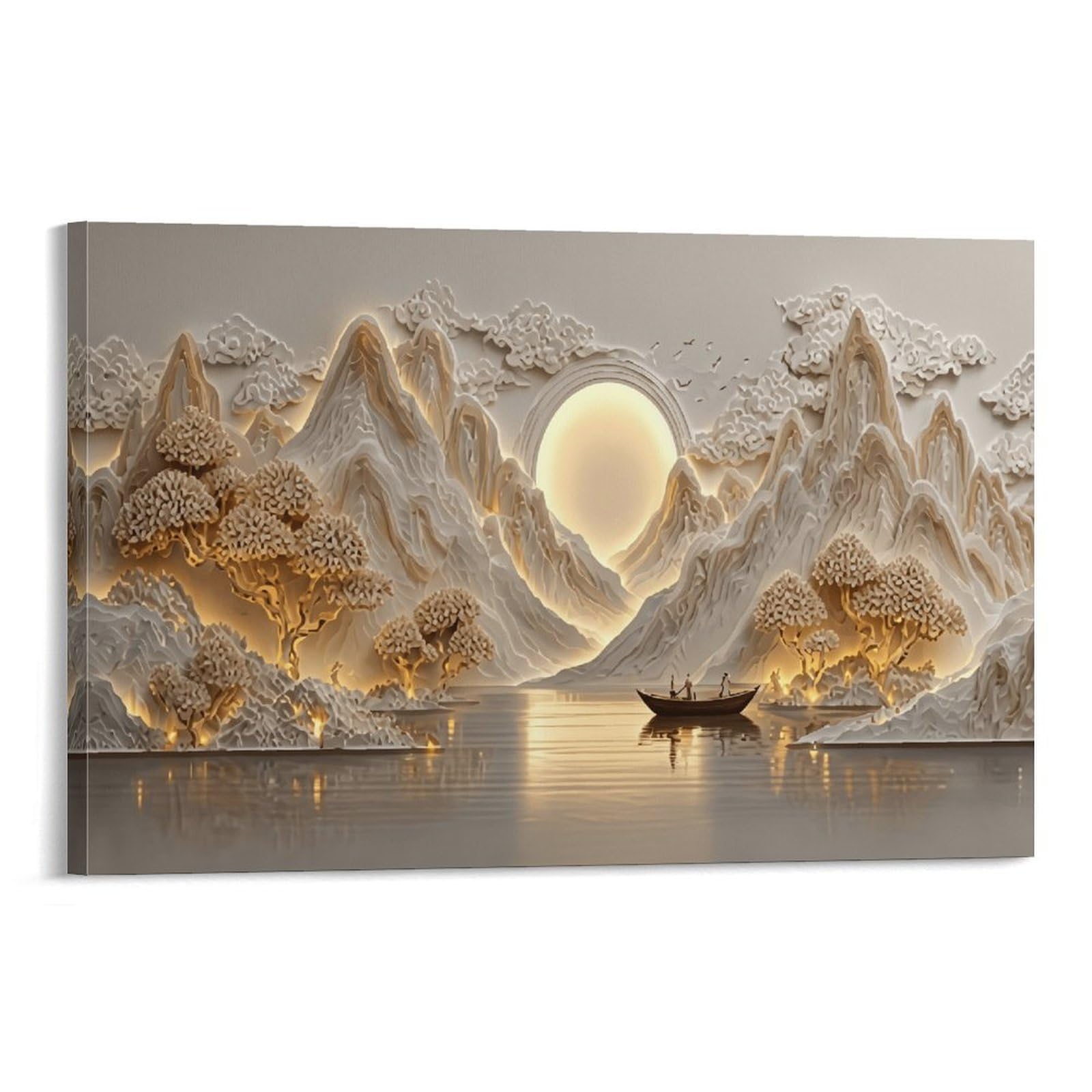 XPASHIQWC Warm Light Mountains Poster Artwork Lake Boat Giclee Canvas Prints Modern Wall Art Picture Wall Hanging for Living Room Bedroom Home Decorations 20x30inch(50x75cm)