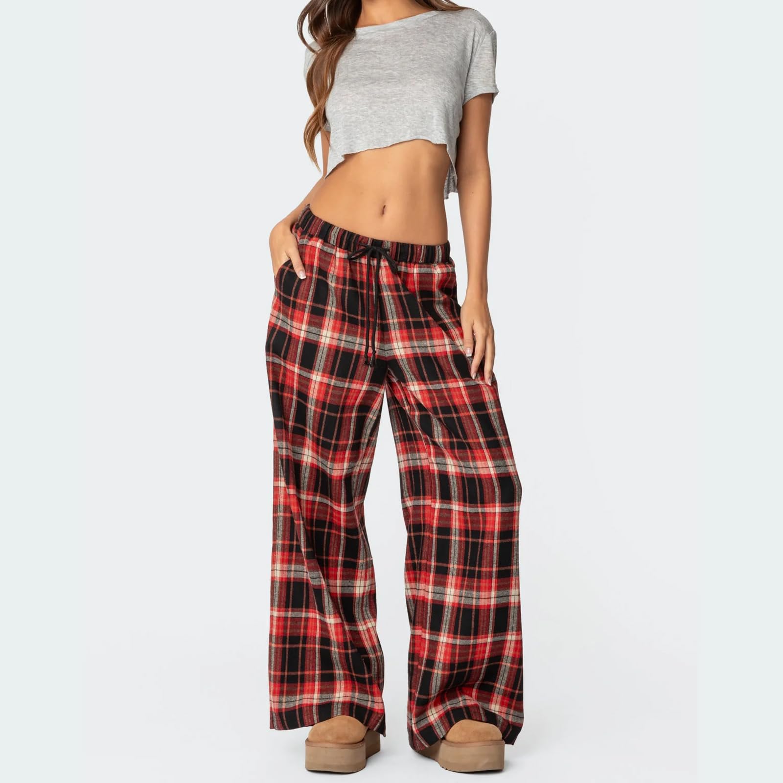 Sexy Outfit Pantalon de Salon à Jambes Larges pour Femmes, Confortable, Taille élastique, Baggy, à Carreaux, Palazzo, Ample, Cordon de Serrage, avec Poche