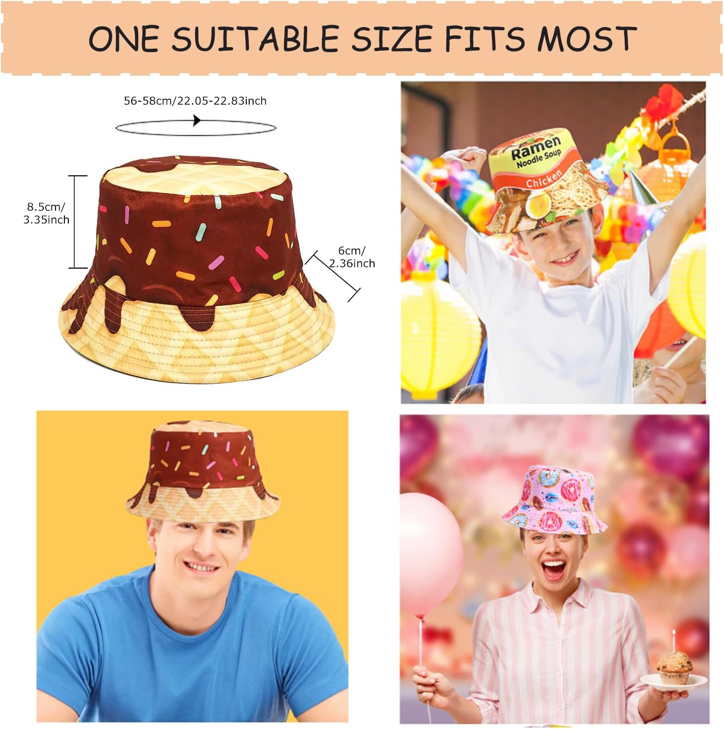 6 Pack Funny Food Bucket Hats, Fisherman Hats Party Hat, Ramen Hot Dog Donut Hamburger Cheese Ice Cream Pattern Reversible Bucket Hat, Summer Beach Travel Sun Caps for Men Women