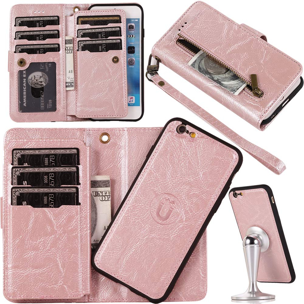 Auker Iphone Detachable Magnetic Wallet Case for Women/Men, iphone  Card Holder Purse Folio Flip Vintage Leather Zipper Wallet Case