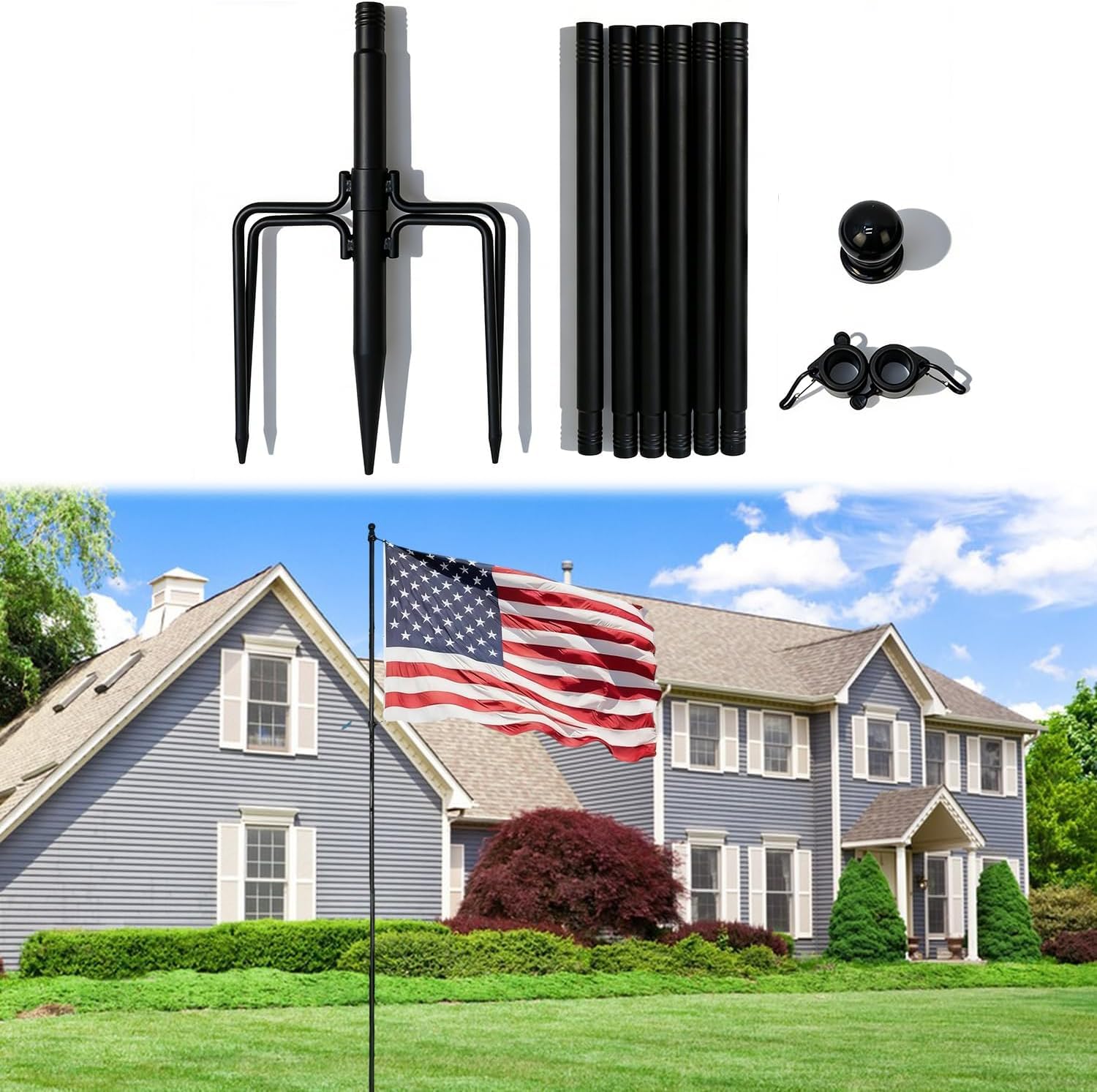 LengSuaa 10 FT Flagpole, Heavy Duty Stainless Steel Ground Flag Pole, Height Adjustable Flagpole with 5 Prong Stake for Outdoor Garden, Yard, Gate
