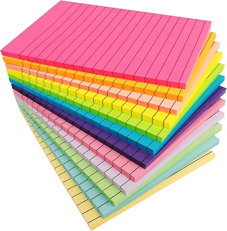 NESCCI 12 Pads Lined Sticky Notes 4x6 Sticky Notes with Lines Self-Stick Note Pads 12 Bright Multi Colors Big Rectangular Sticky Note for Office,Home,School, Meeting, 33 Sheet/Pad