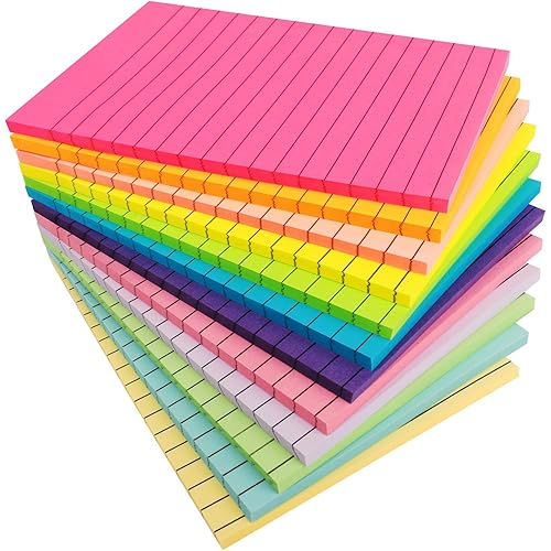 NESCCI 12 Pads Lined Sticky Notes 4x6 Sticky Notes with Lines Self-Stick Note Pads 12 Bright Multi Colors Big Rectangular Sticky Note for Office,Home,School, Meeting, 33 Sheet/Pad