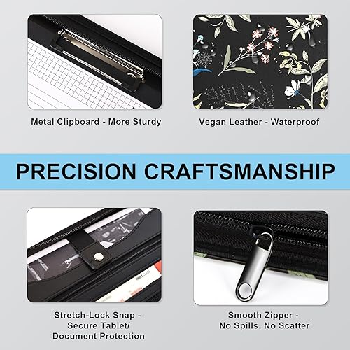 Vista 41 de Eshow Organizador de cartera, carpeta de 3 anillos con cremallera, carpeta de cuero vegano con bloc de notas, incluye 10 protectores de hojas Negro