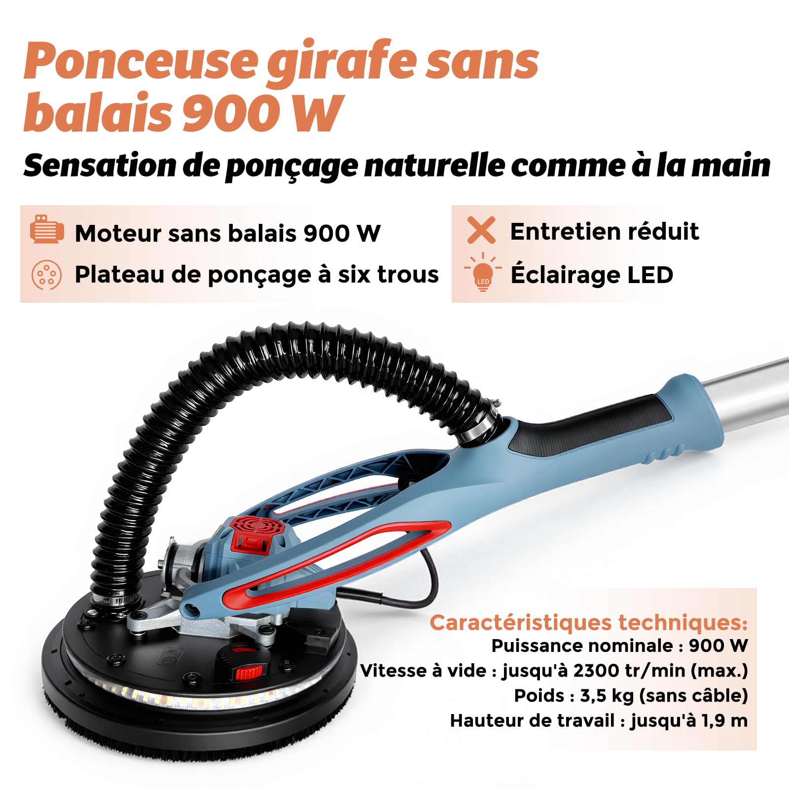 FANZWORK Ponceuse girafe avec moteur EC sans balais, Ultra-légère, 900 W, 2300 tr/min (max.), éclairage LED, inclut 12 Disques Abrasifs de 225 mm, Mallette de Transport.