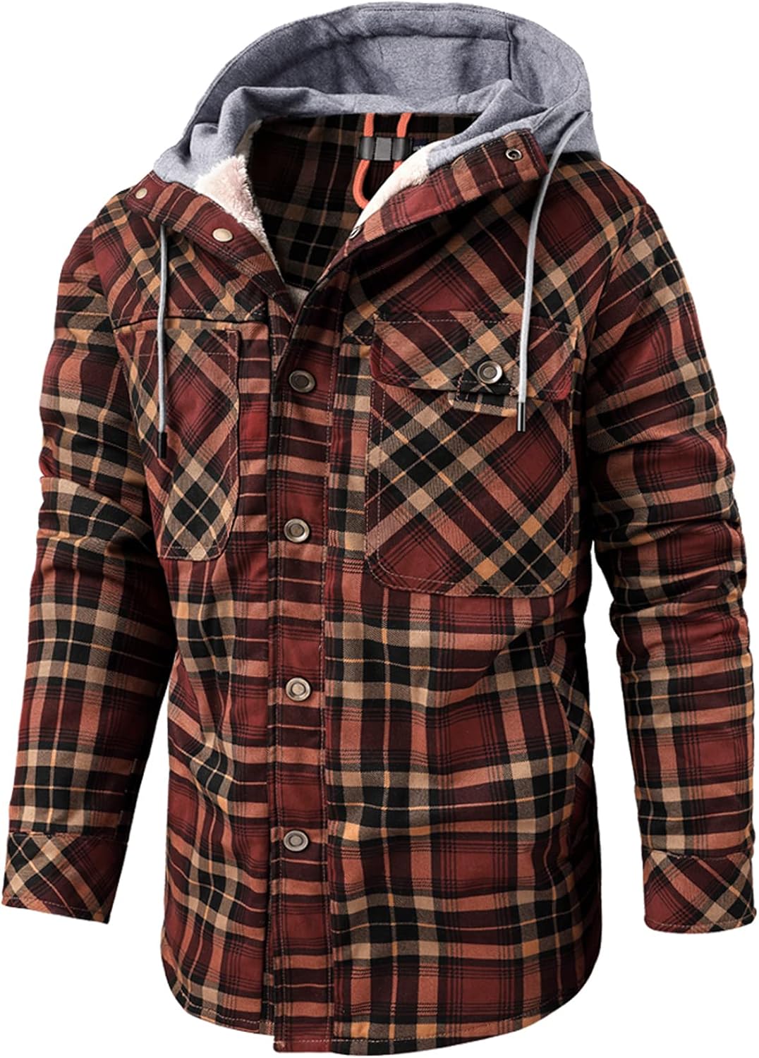 Flygo Men's Outdoor Casual Fleece Sherpa Lined Flannel Hooded Plaid Shirt Jacket(CoffeePlaid-XXL)