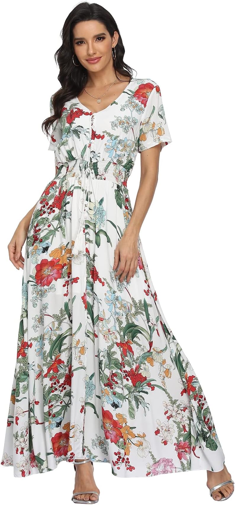 VintageClothingWomen's Floral Maxi Dresses Boho Button Up Split Summer Casual Long Dress Beach Party Dress