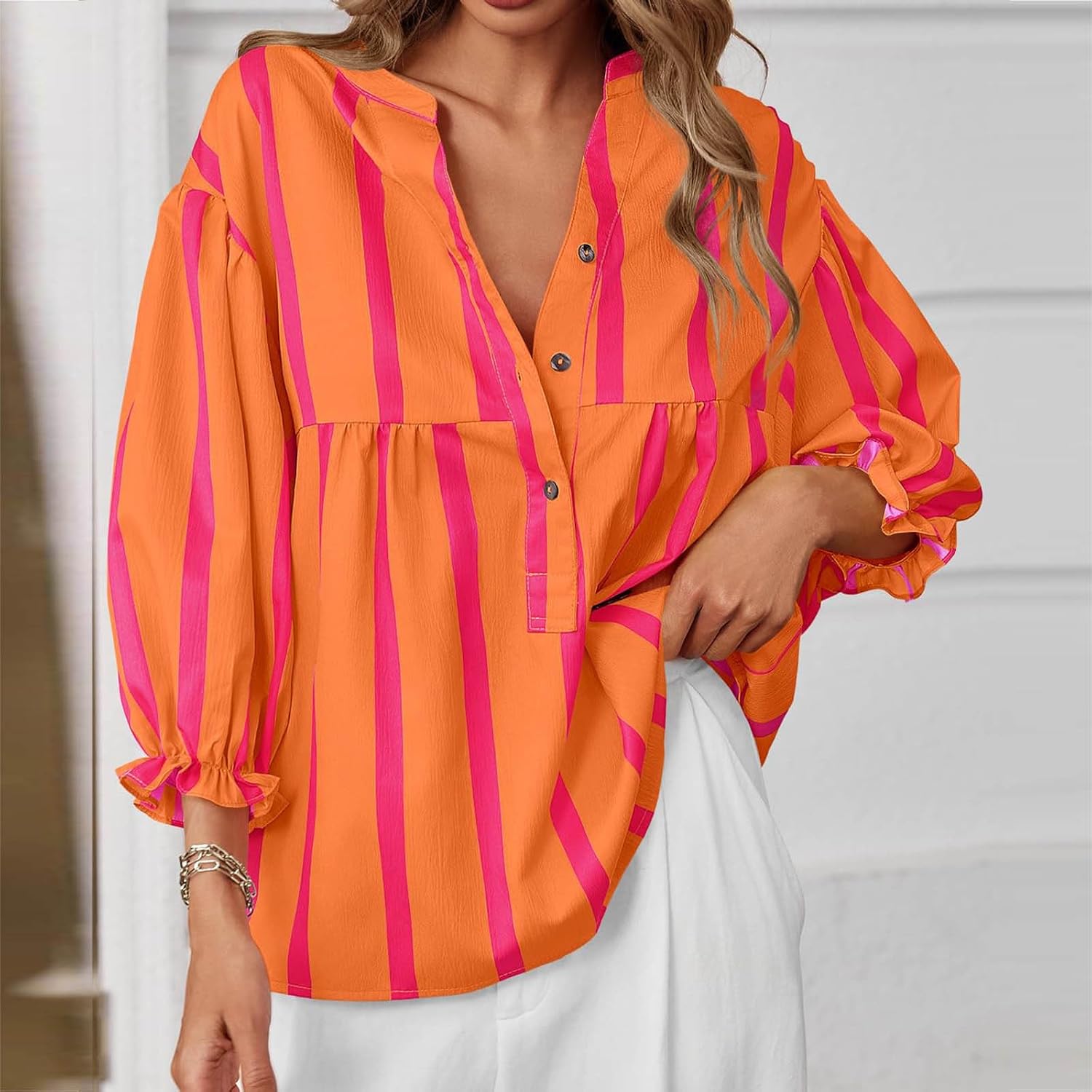 Women's Puff Sleeve Babydoll Tops Fashion Summer V Neck Striped Blouse Cute Casual Loose Fit Flowy Shirts