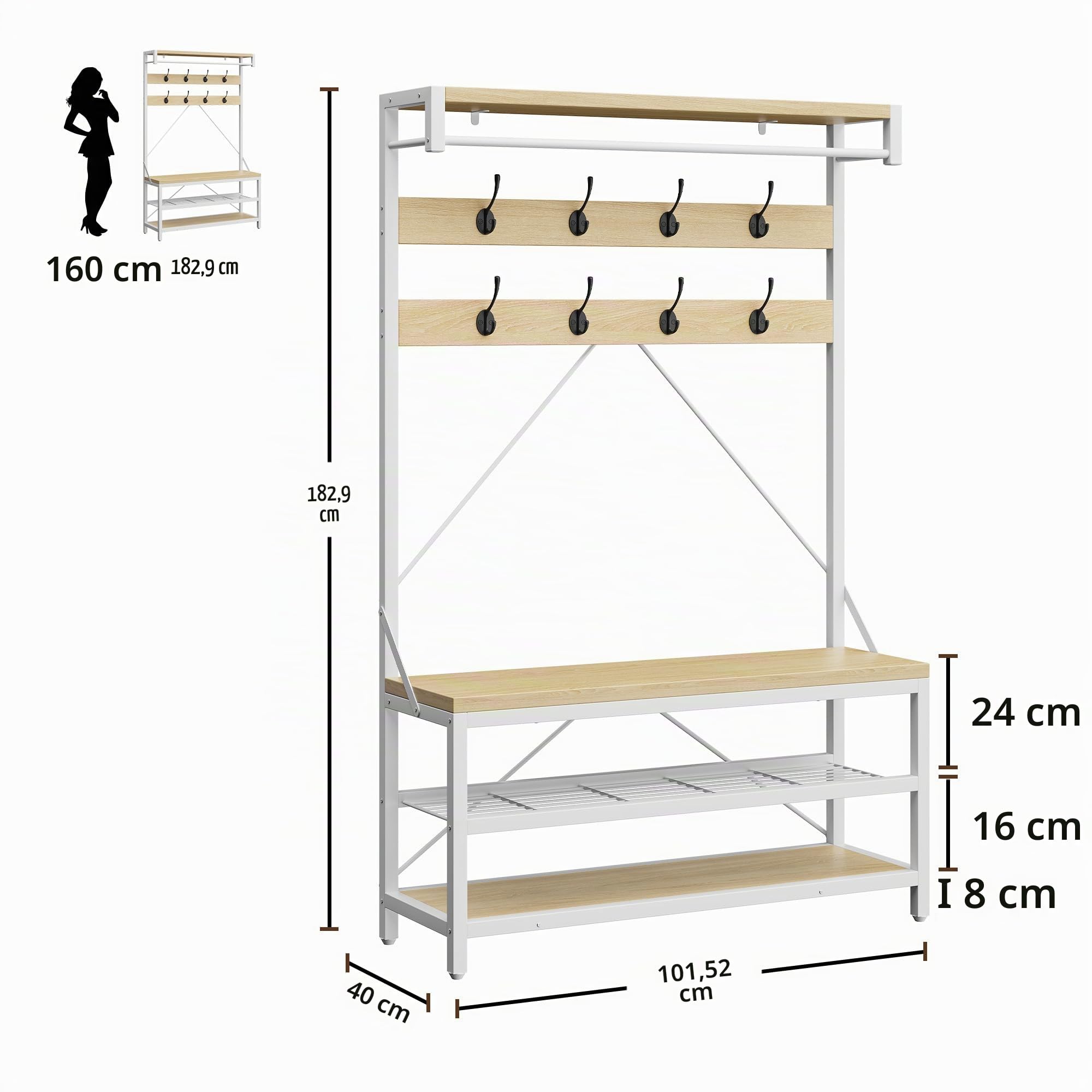 Garvee Perchero Entrada Recibidor, Estilo Industrial Con Zapatero Y Banco, 8 Ganchos & Barra Colgante, Gran Capacidad, 112x40x183 Cm, Color Madera