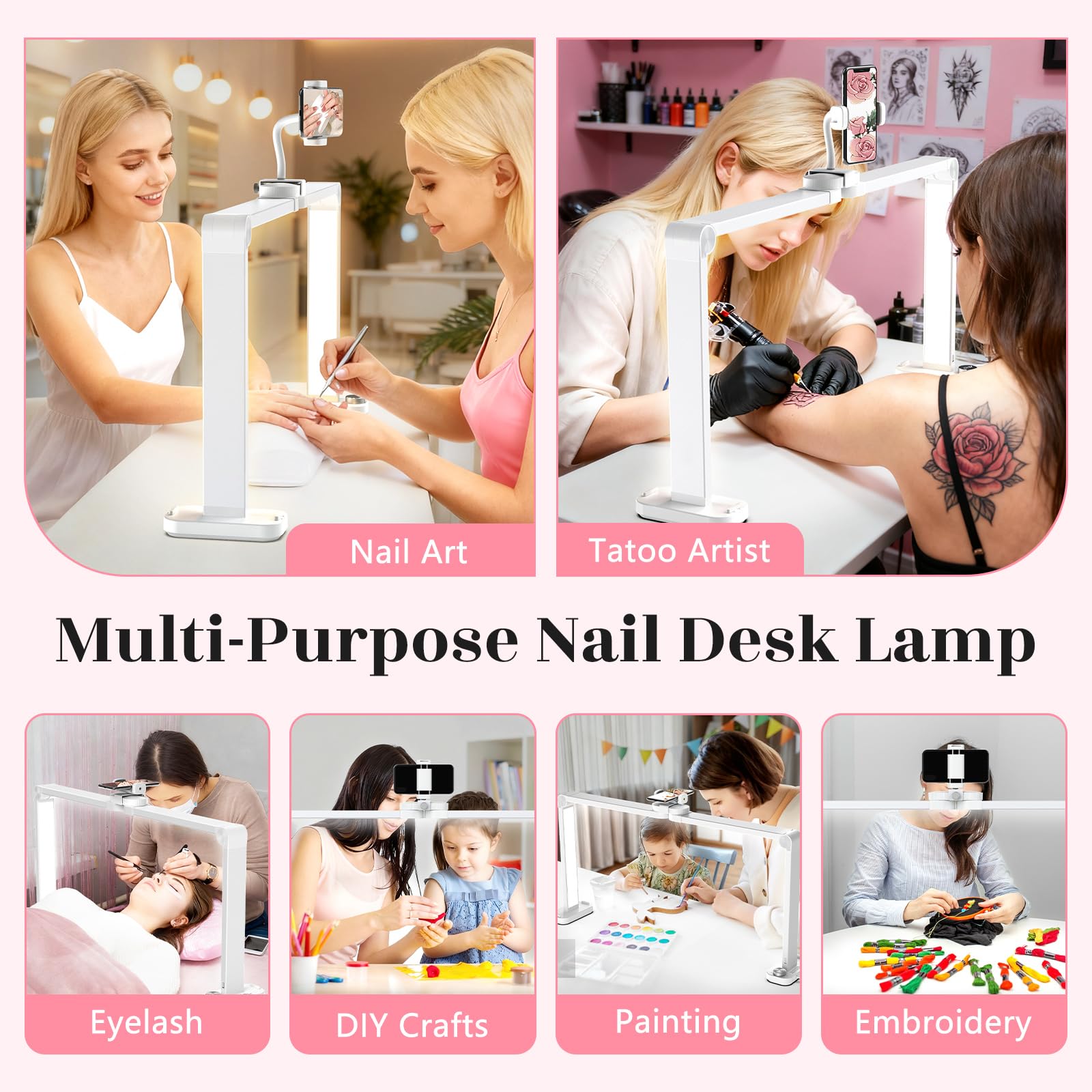 Mezza Luna Lampada per Nghie: 34" LED Lampada per Unghie da Tavolo | Lampada Tavolo Unghie con Supporto & 3 Modalità di Colore e 10 Livelli di Luminosità per Cellulare Manicure (Bianco)