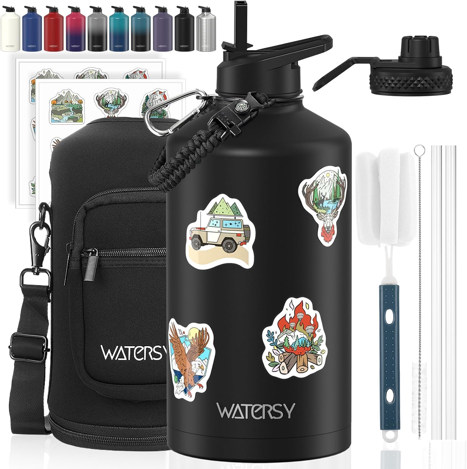 1 Gallon Water Bottle Insulated(Cold for 48 Hrs),BPA Free&Leak Proof,128oz Stainless Steel Water Jug,Large Water Bottle with Straw Spout Lids for Gym,Hiking,Camping&Travel,Black