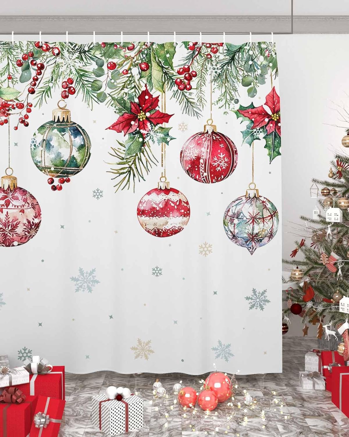 BEMIGO Watercolor Christmas Poinsettia Flower Shower Curtains for Bathroom, Farmhouse Fabric Waterproof Shower Curtain Set with Hooks, Winter Snowflake Ball Christmas Vacation Decorations 36x72inch