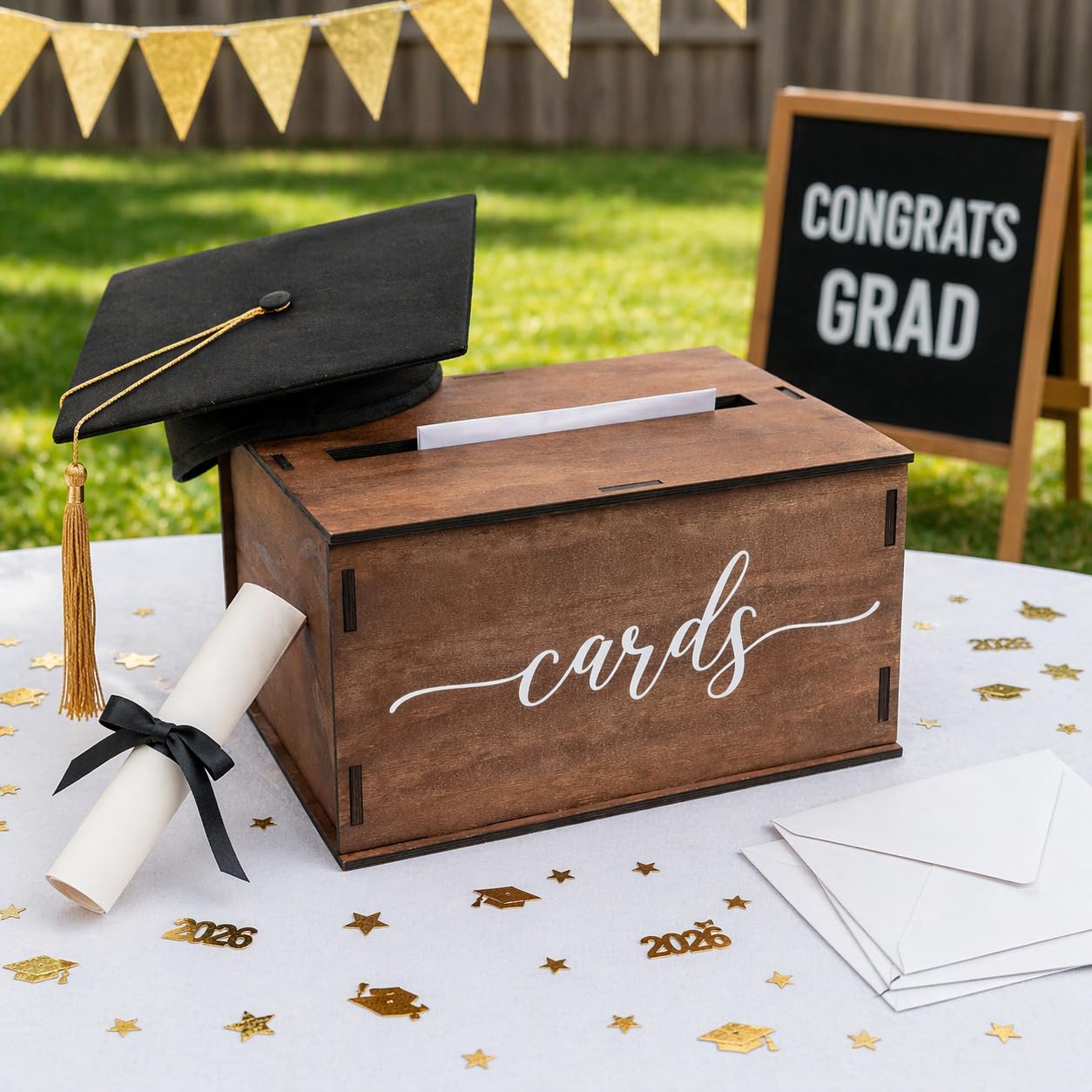 Wooden Wedding Card Box with Slot and Lid | Graduation Card Box for Party 2026 | Grad Gift Money Envelope Holder for Reception, Bridal Shower, Birthday, Retirement | Rustic Keepsake Decorations