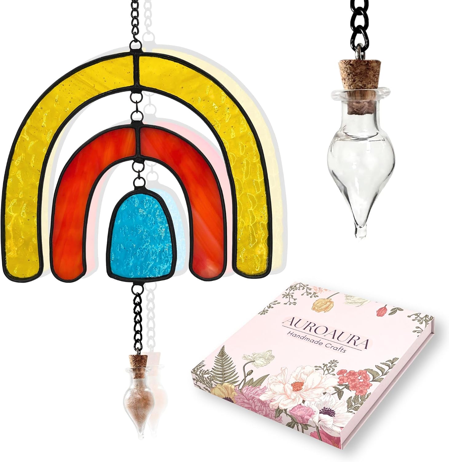 Rainbow Bridge Pet Memorial Gift for Loss of Dog, Stained Glass Jar & Bottle for Fur, Hair, Whiskers or Ashes Keepsake Urn, Sympathy Gift for Pet Bereavement & Remembrance - Yellow