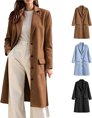 OTSANT Women's Long Tailored Coat Notch Lapel Button Front Classic Overcoat | Tailored Longline Cut, Notch Lapel, Button Front, Two Flap Pockets, Long Sleeves, Office Wear, Daily Outfits, Autumn Layers